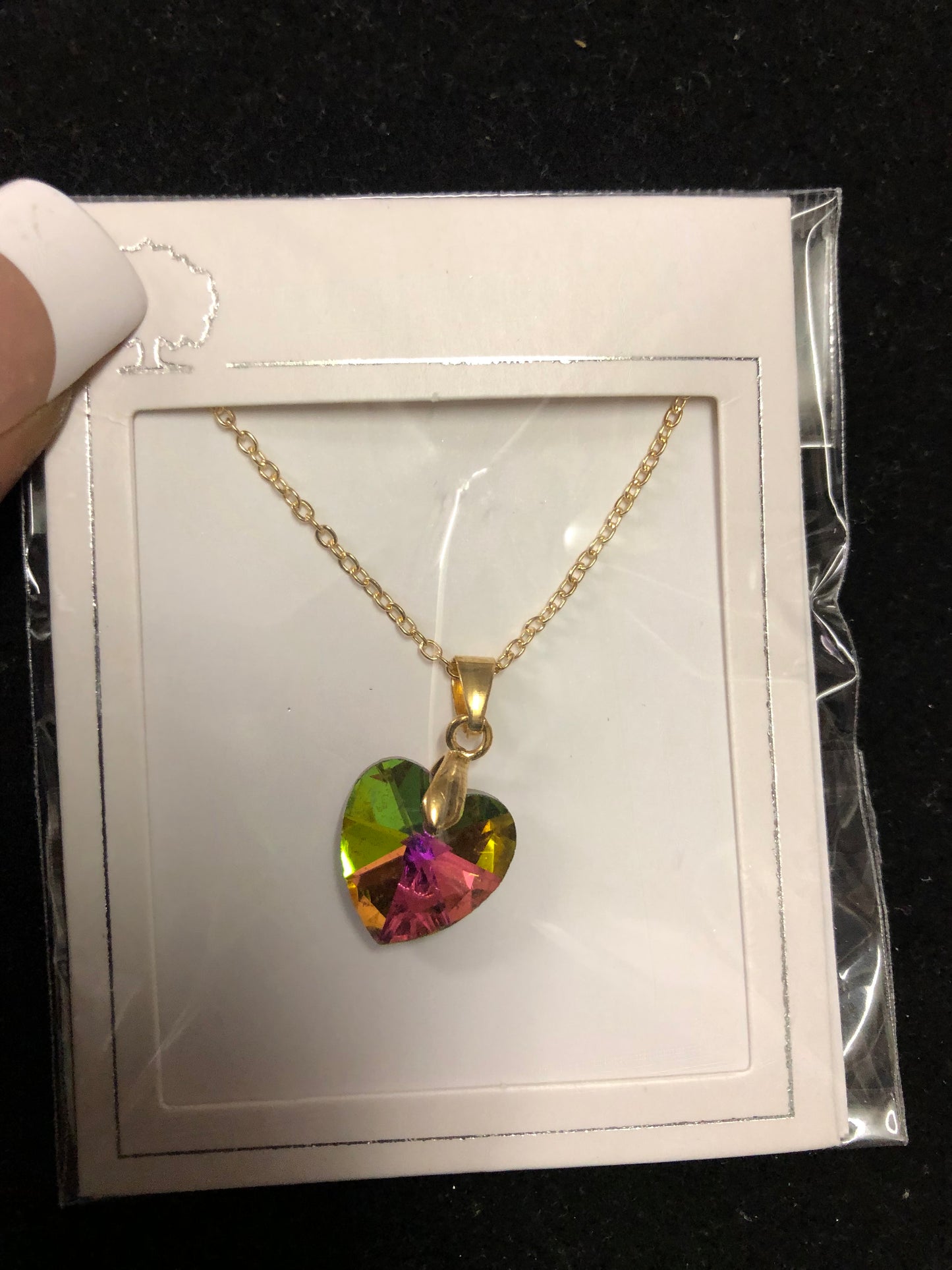 Woman Crystal Heart Light Green Tricolor Necklace On A Gold Chain. " SOLD OUT" Thanks For Your Purchase!
