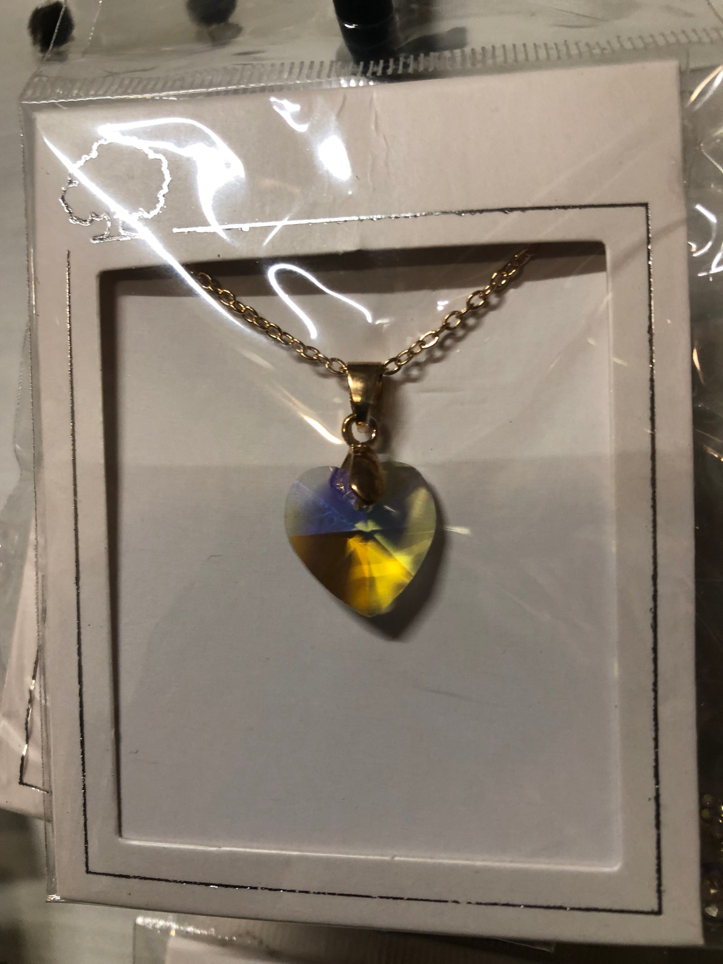 Woman Fashion CrystalHeart Light Yellow Tricolor Necklace On A Gold Chain."Great Valentine Day Gift"