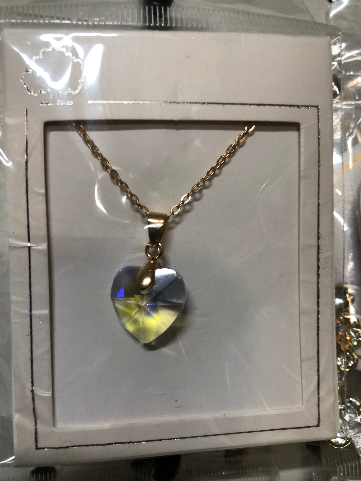 Woman Fashion CrystalHeart Light Yellow Tricolor Necklace On A Gold Chain."Great Valentine Day Gift"