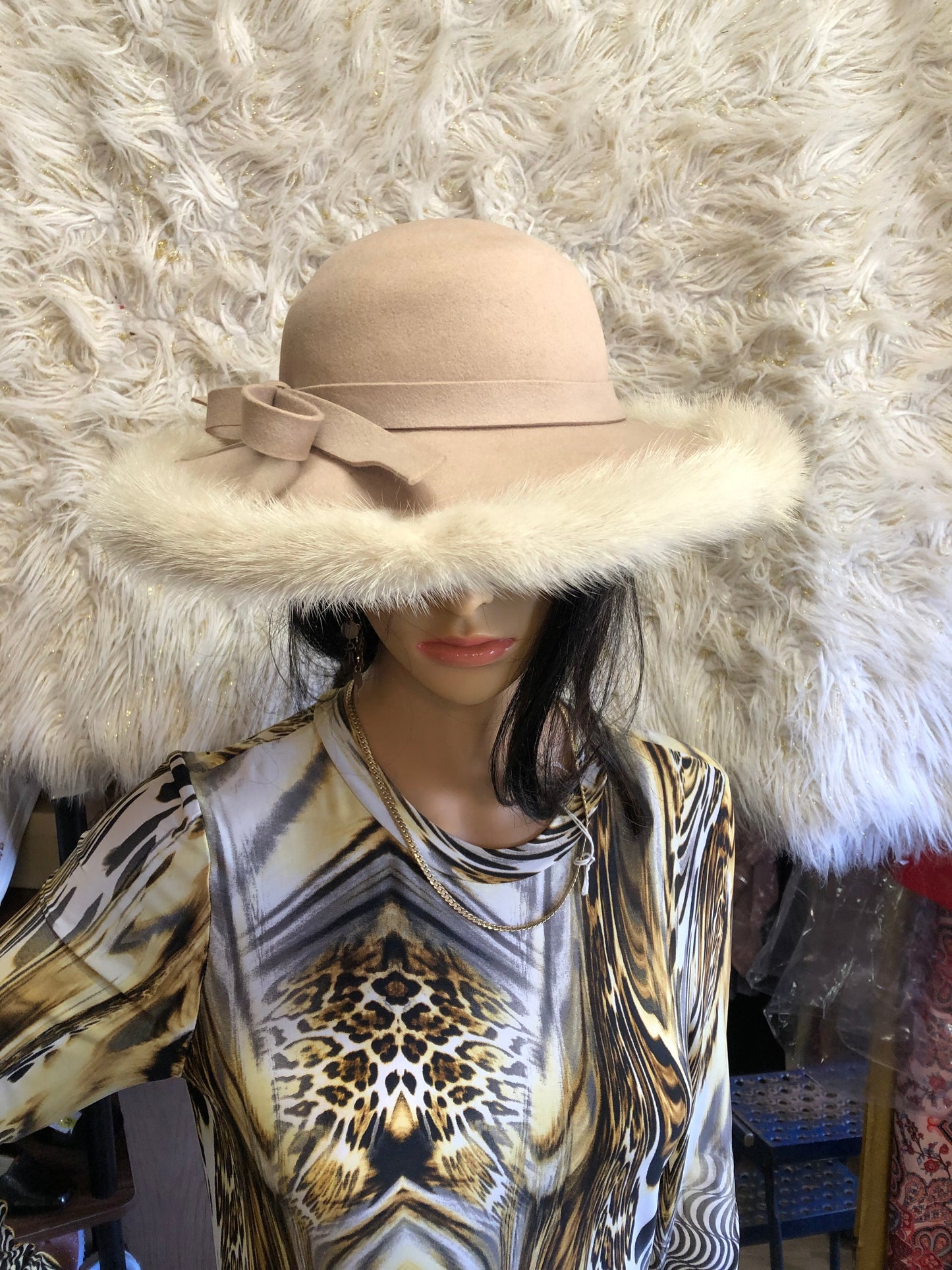 Woman Glamorous Wide Brim 100% Ultra Wool Mink Trim Hat By: Mr. John Jr. "New Fall Arrival"