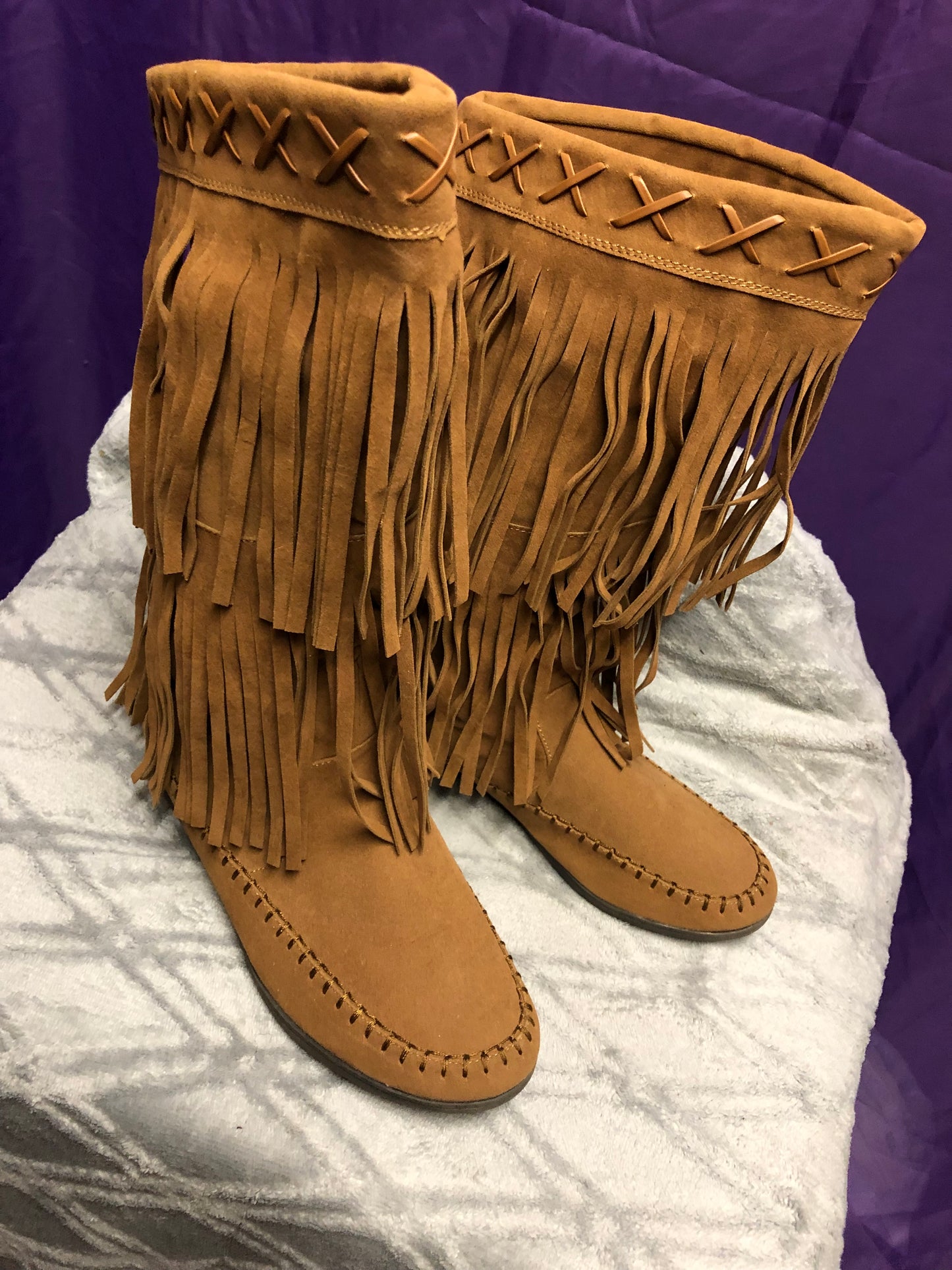 Woman Fringe Boots HLO Mid Calf By: Rampage Color Light Brown(Chest-nut)Size 9.5M