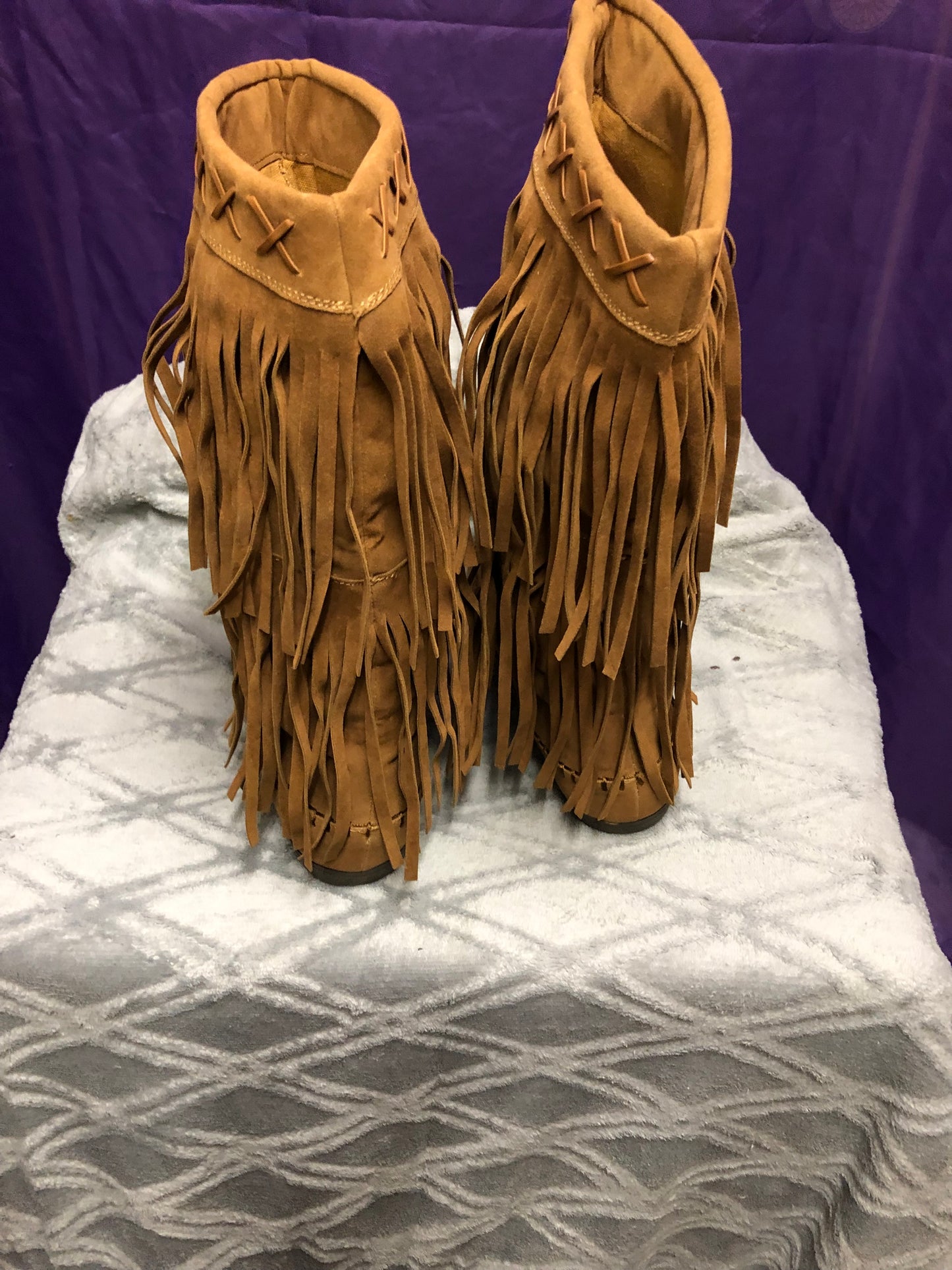 Woman Fringe Boots HLO Mid Calf By: Rampage Color Light Brown(Chest-nut)Size 9.5M