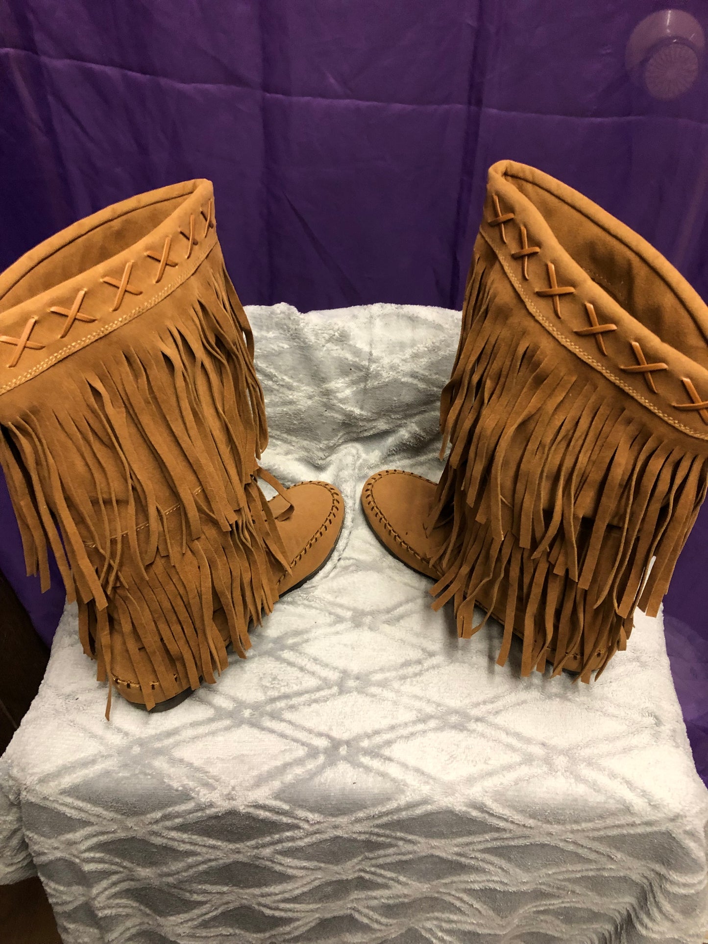 Woman Fringe Boots HLO Mid Calf By: Rampage Color Light Brown(Chest-nut)Size 9.5M