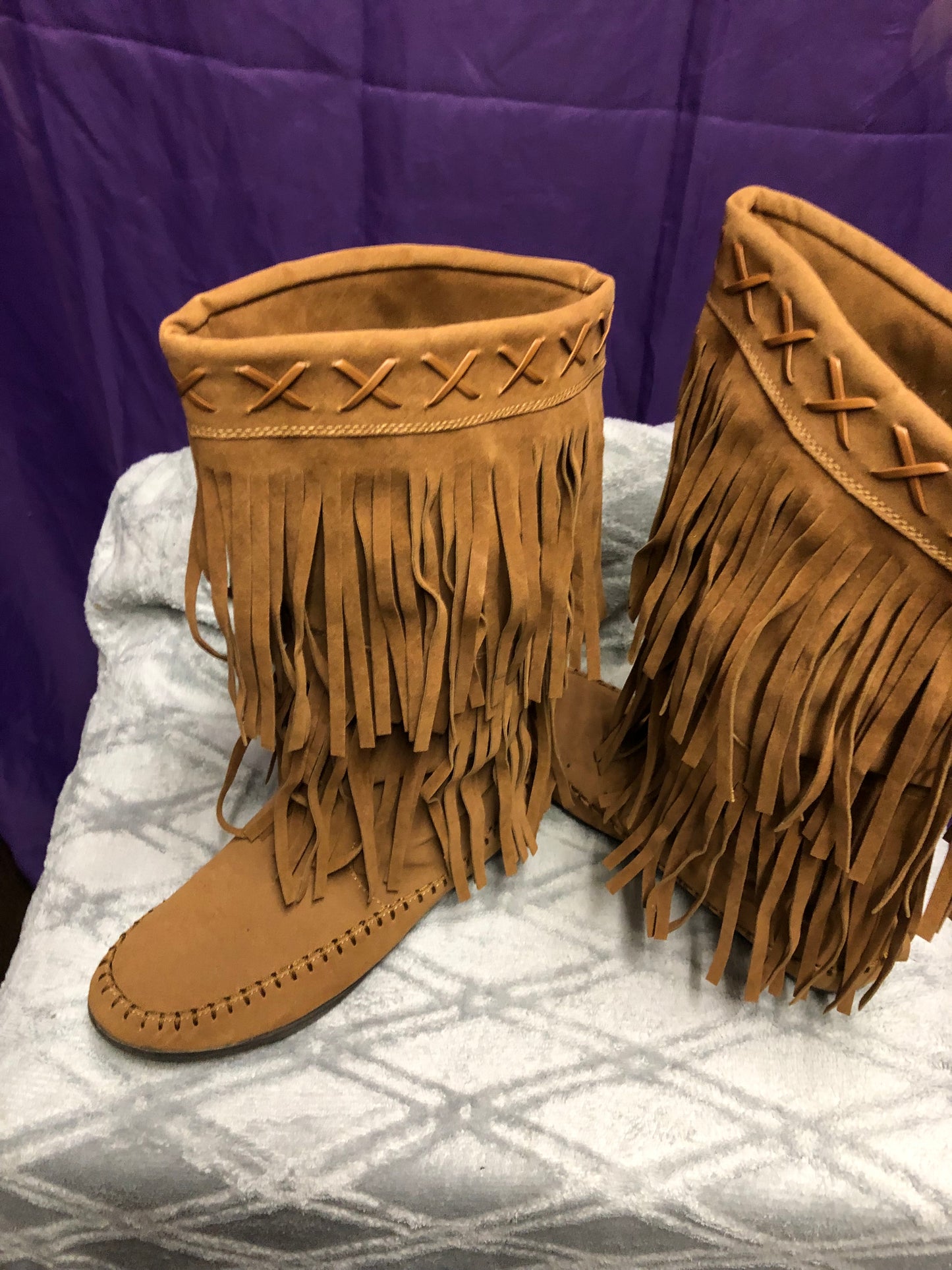 Woman Fringe Boots HLO Mid Calf By: Rampage Color Light Brown(Chest-nut)Size 9.5M