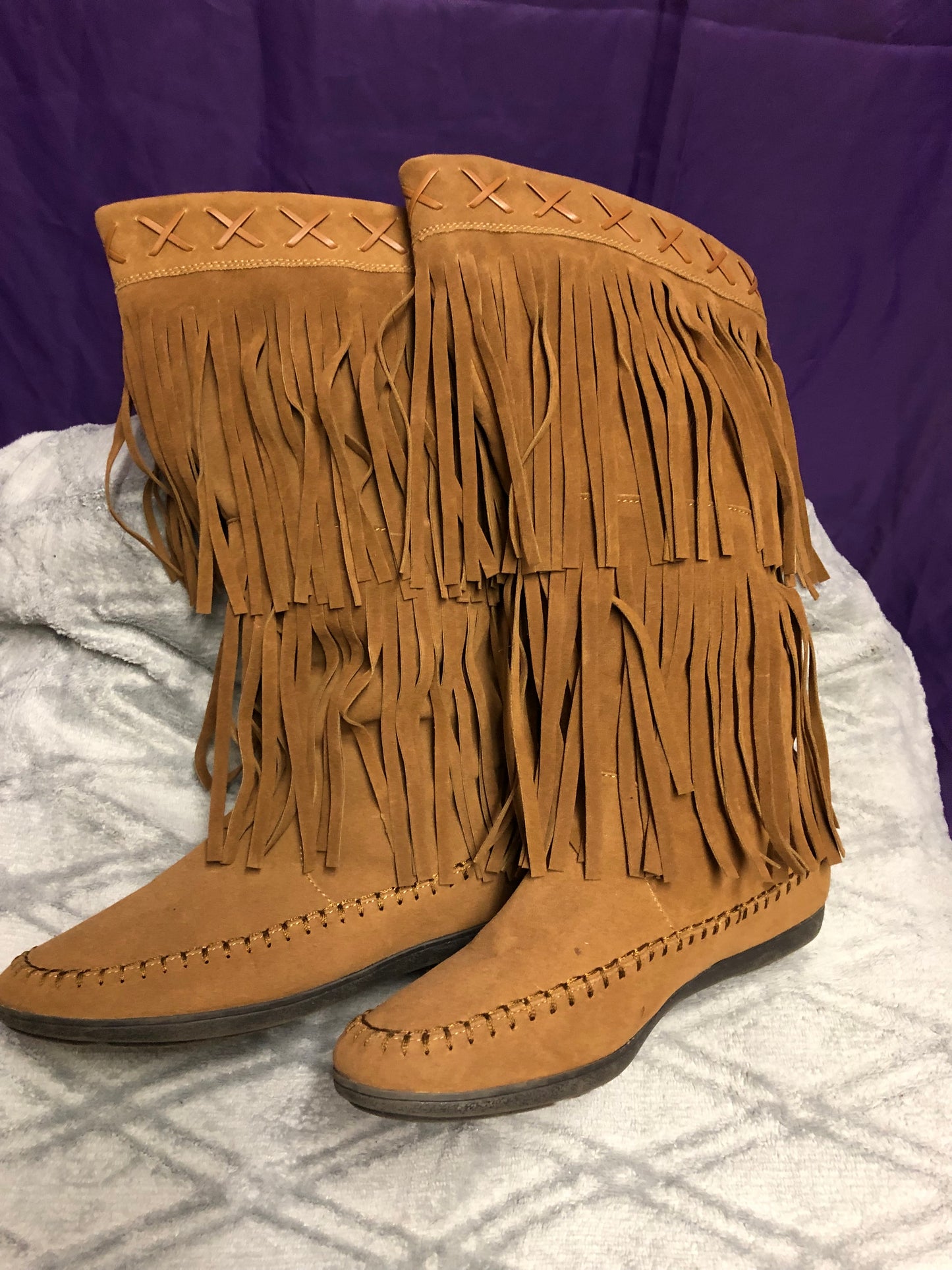 Woman Fringe Boots HLO Mid Calf By: Rampage Color Light Brown(Chest-nut)Size 9.5M
