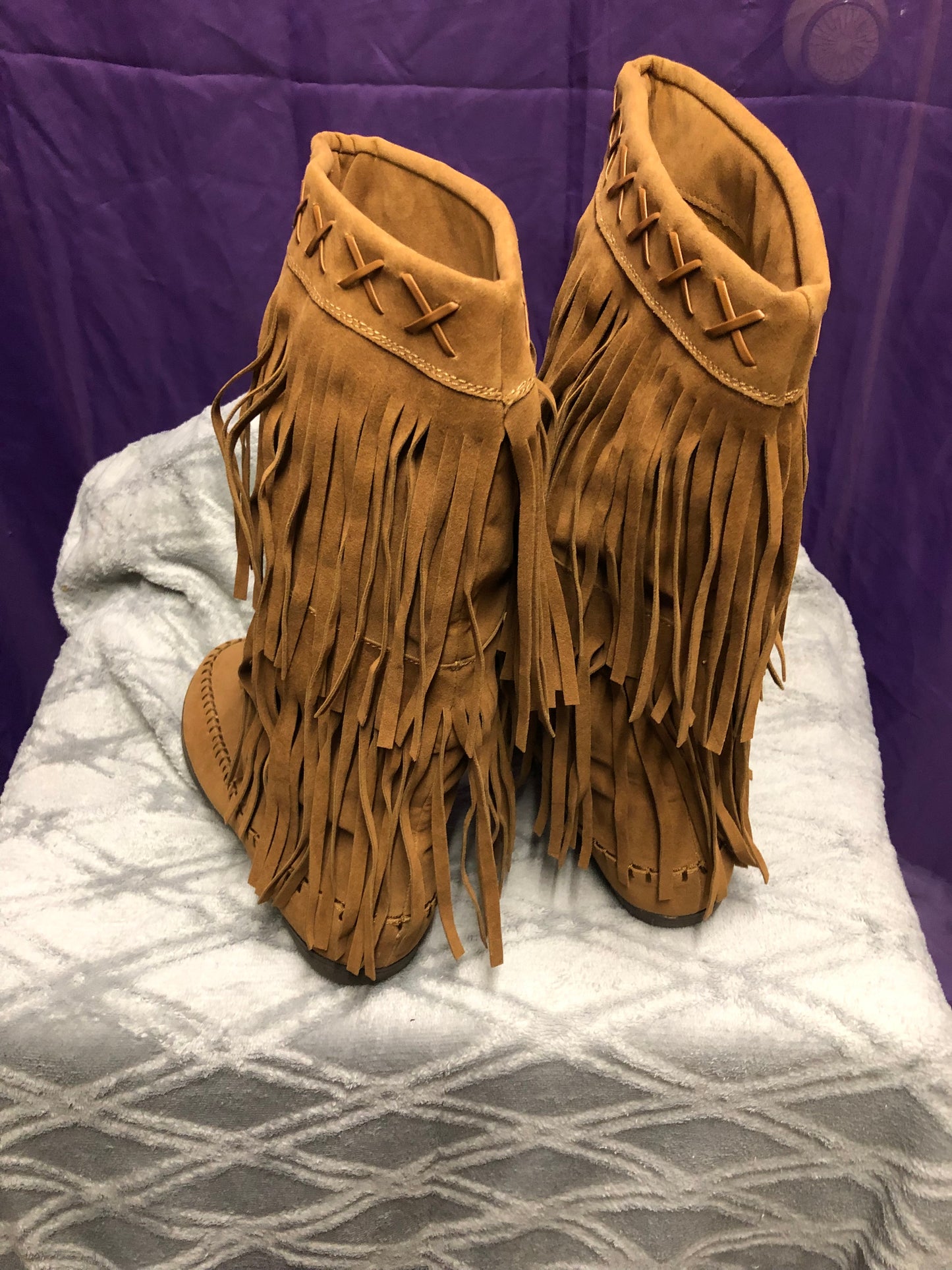 Woman Fringe Boots HLO Mid Calf By: Rampage Color Light Brown(Chest-nut)Size 9.5M