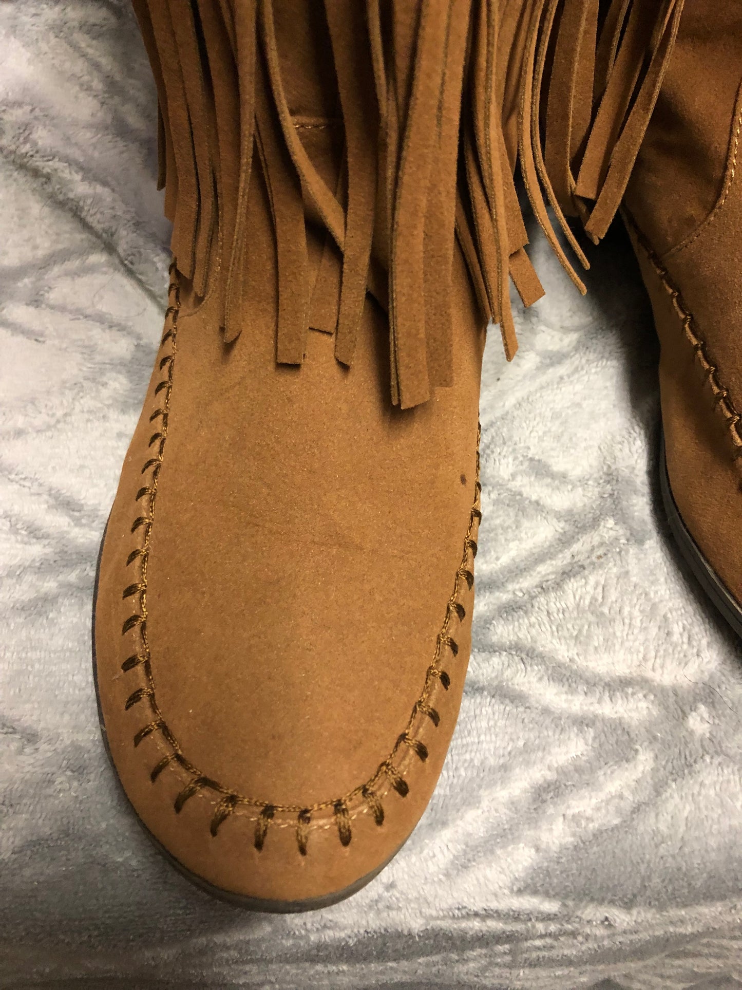 Woman Fringe Boots HLO Mid Calf By: Rampage Color Light Brown(Chest-nut)Size 9.5M