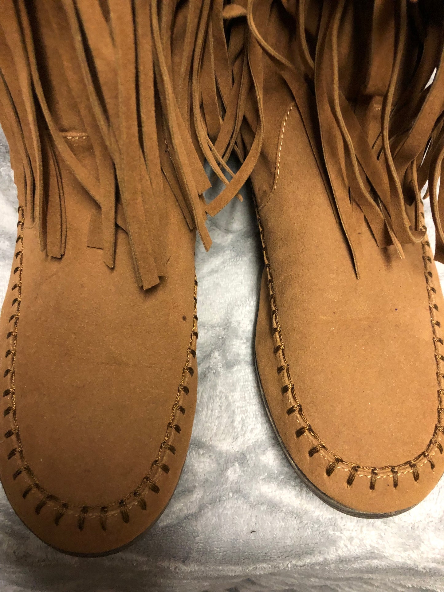 Woman Fringe Boots HLO Mid Calf By: Rampage Color Light Brown(Chest-nut)Size 9.5M