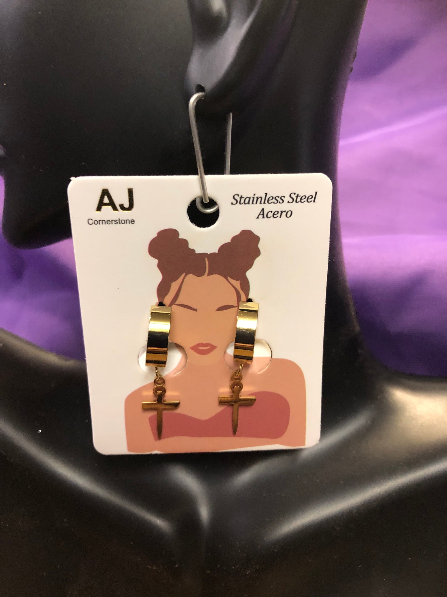 Unisex Stainless Steel Small 'GOLD' Hoop Earrings With The Hanging Cross"New Arrival"