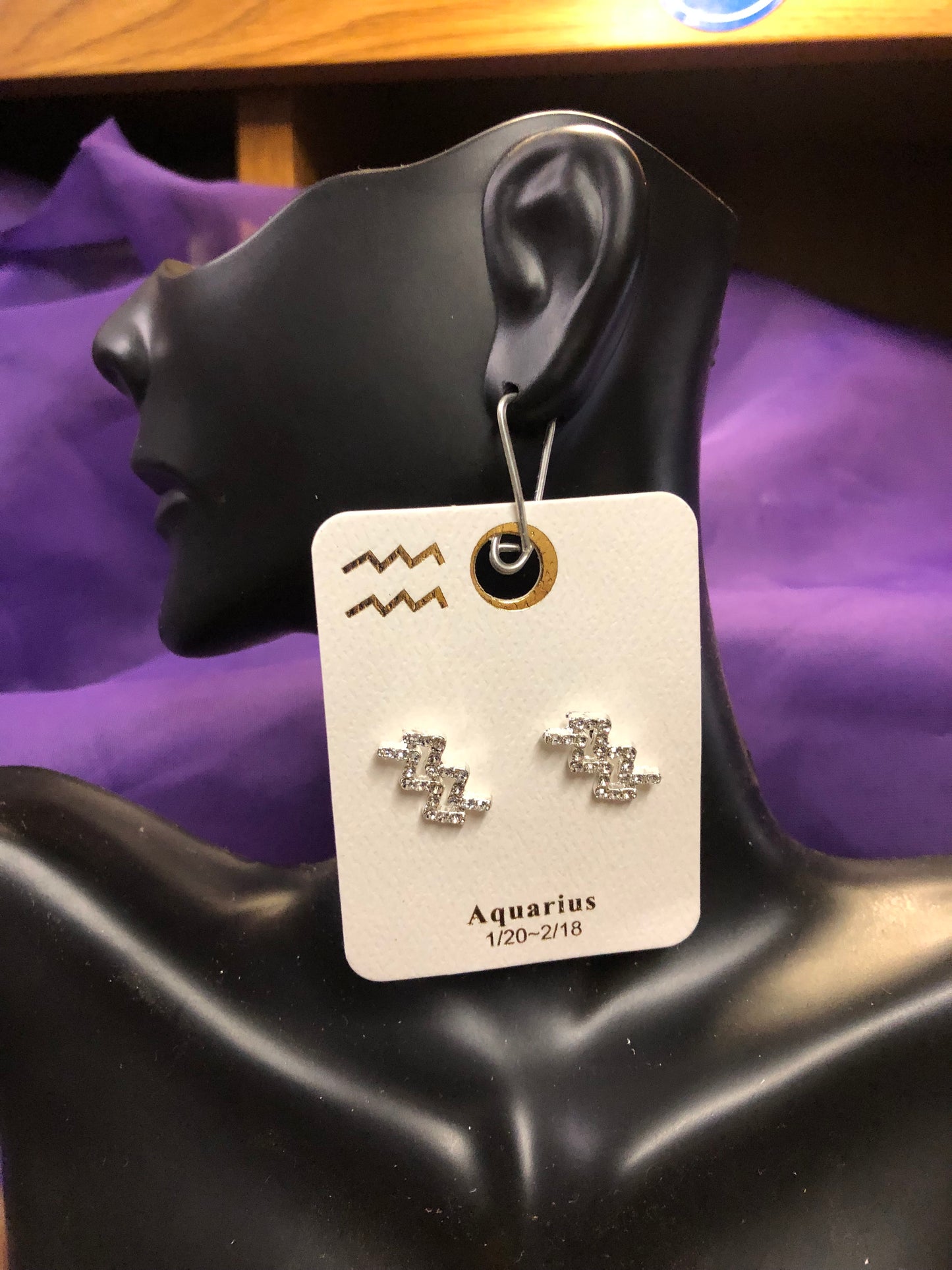 Woman Fashion Postback Earrings Zodiac Sign "Aqurious" Color "SILVER"