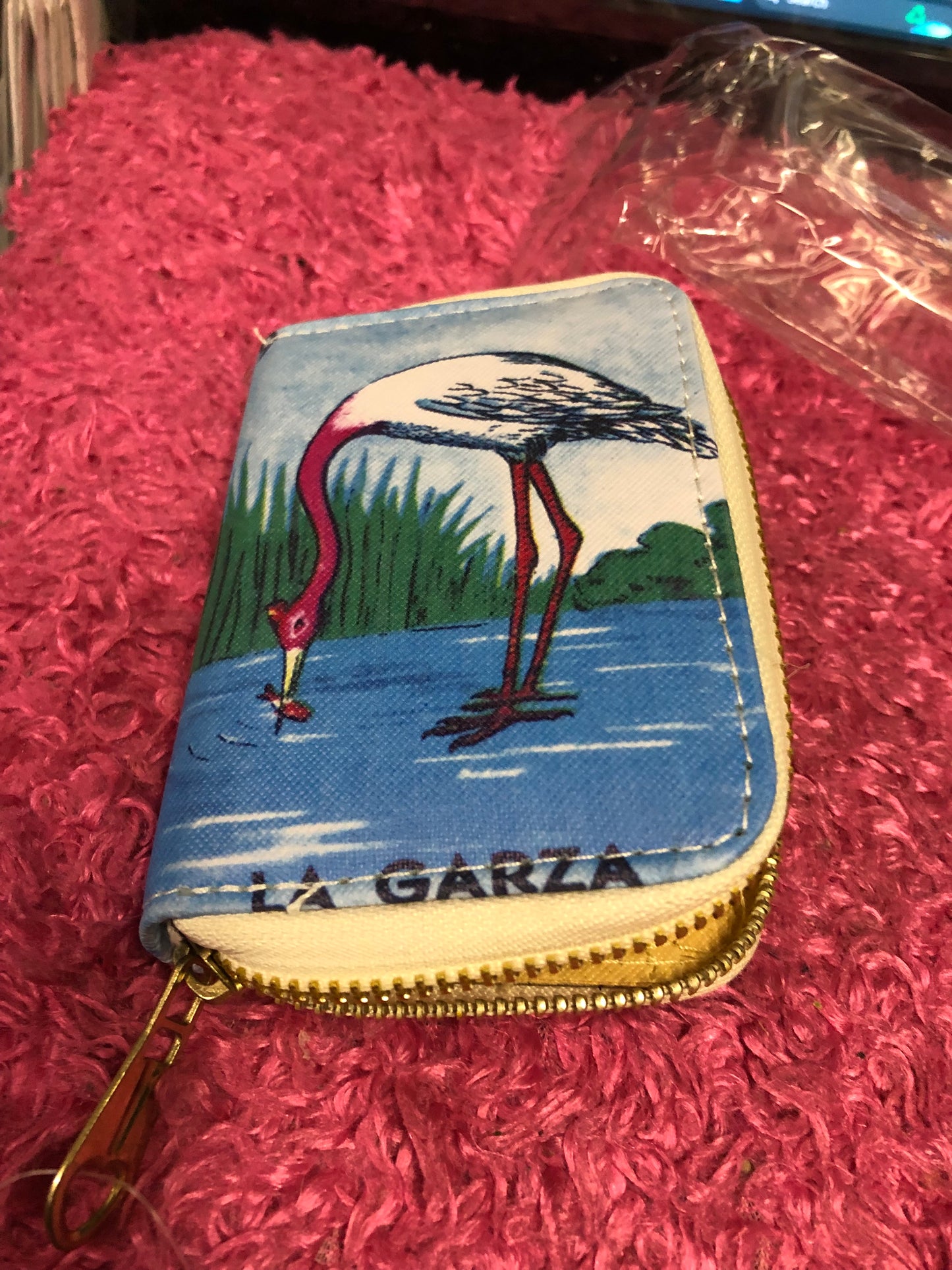 Woman Fashion Wallet Zipper Closure Color Blue With Flamingo Design Logo