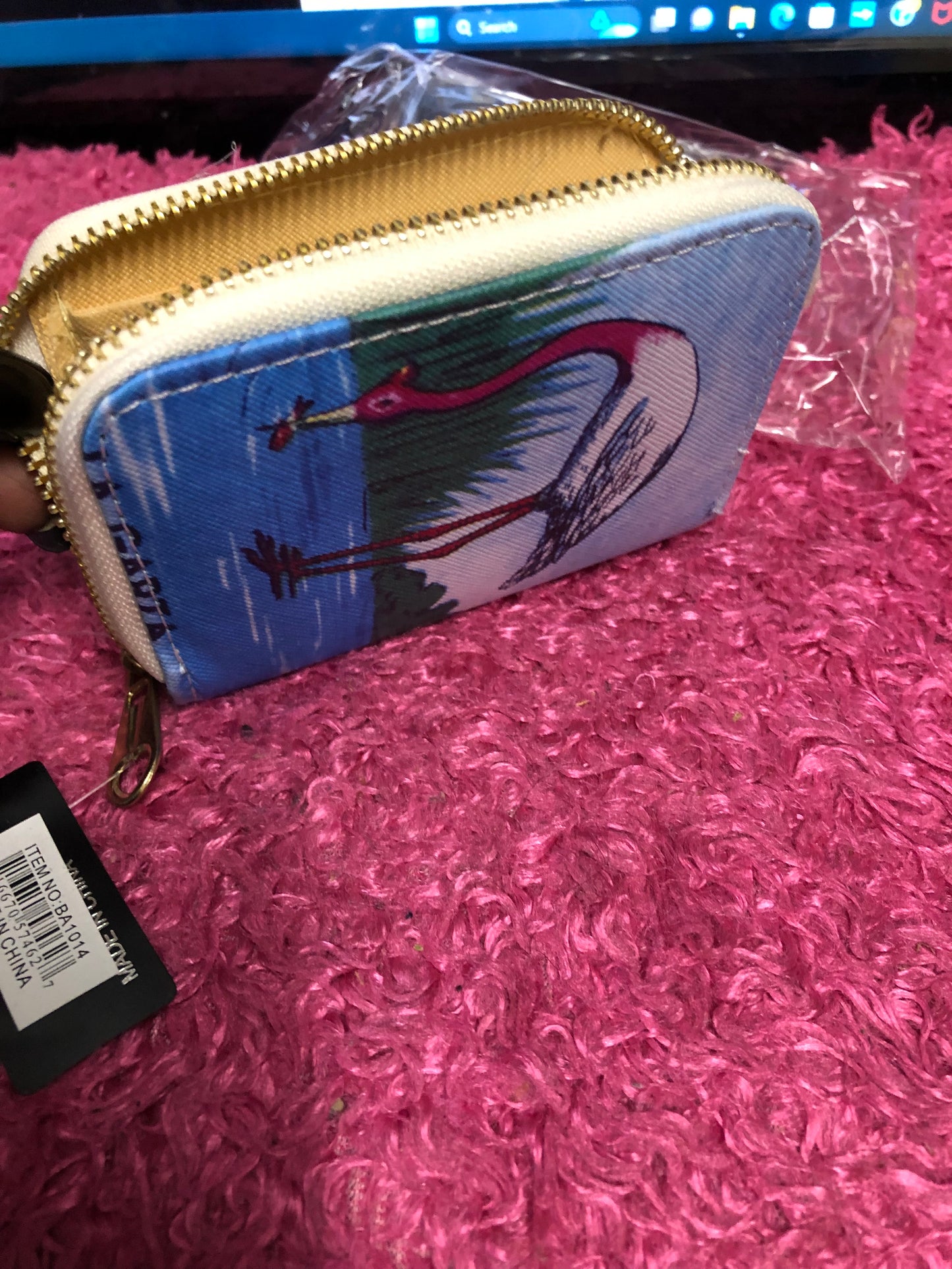 Woman Fashion Wallet Zipper Closure Color Blue With Flamingo Design Logo