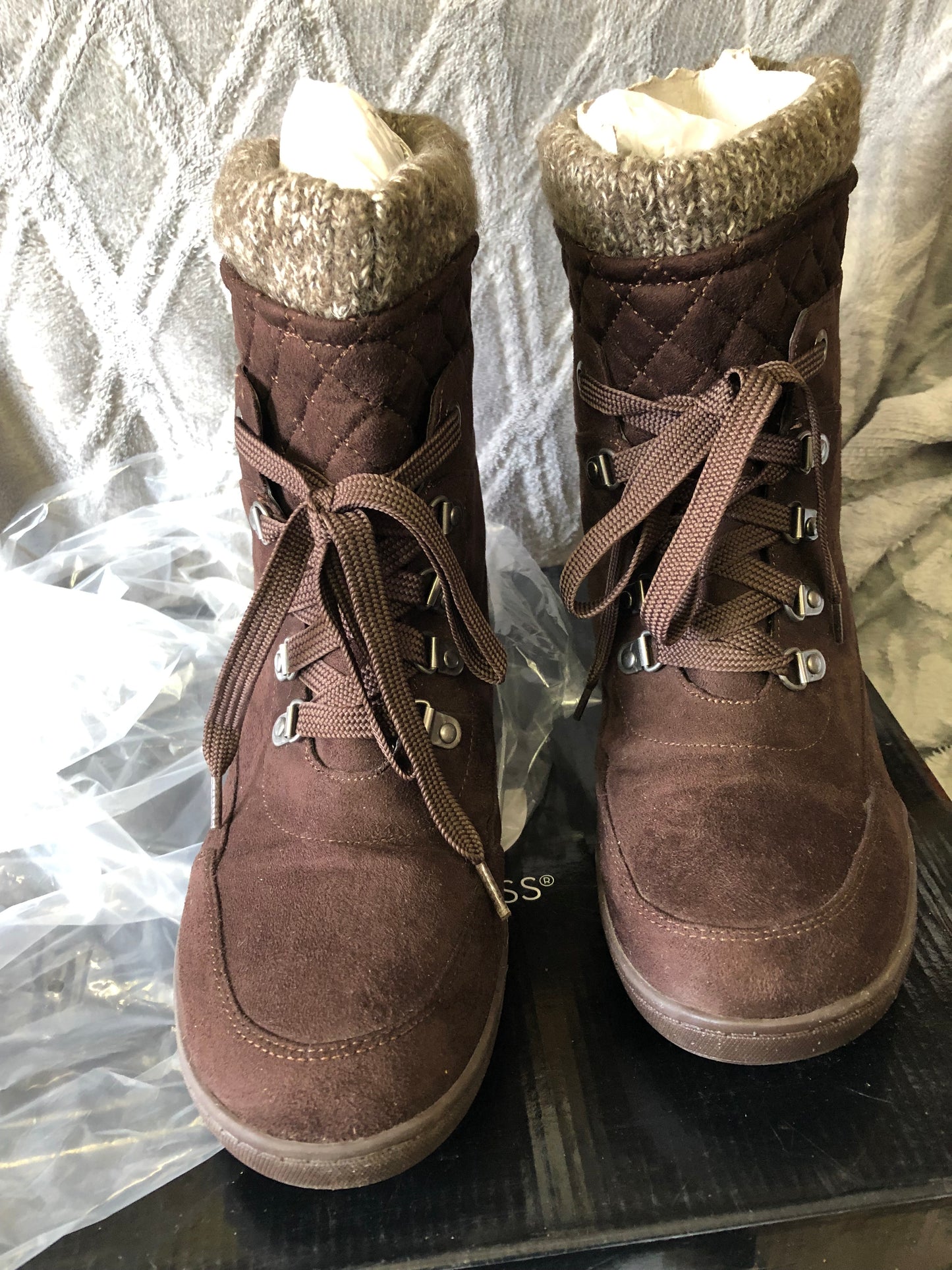 G Boots By Guess Dark Bown Multi Fabric Puck Combat Boots Size 9.5" New Fall Arrival"