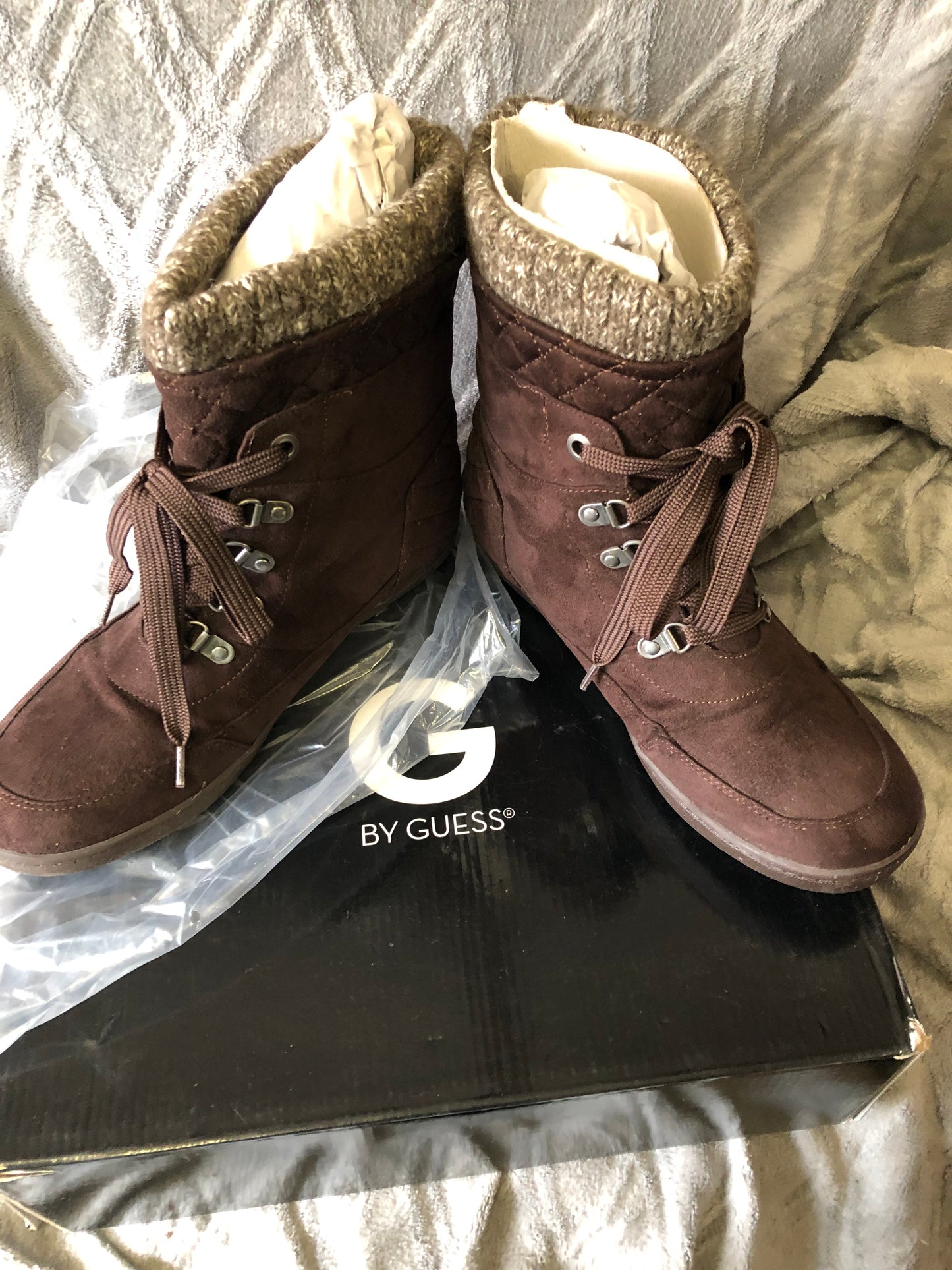 G Boots By Guess Dark Bown Multi Fabric Puck Combat Boots Size 9.5" New Fall Arrival"