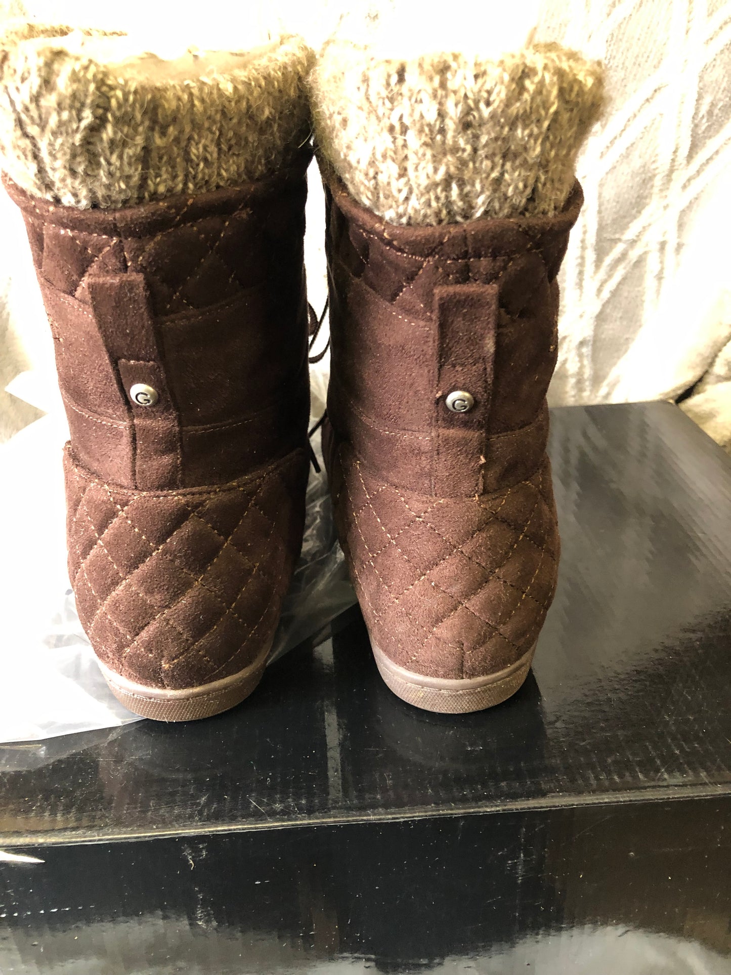 G Boots By Guess Dark Bown Multi Fabric Puck Combat Boots Size 9.5" New Fall Arrival"