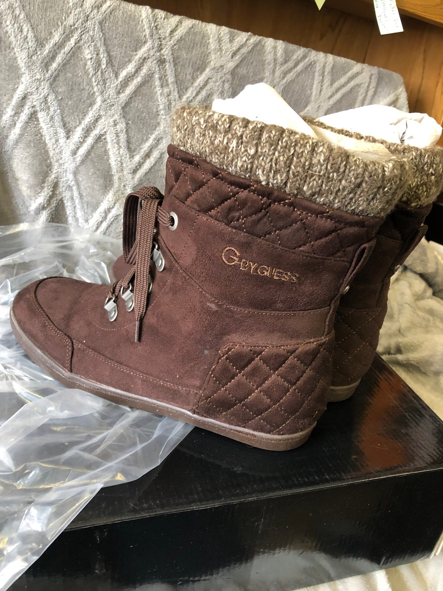 G Boots By Guess Dark Bown Multi Fabric Puck Combat Boots Size 9.5" New Fall Arrival"