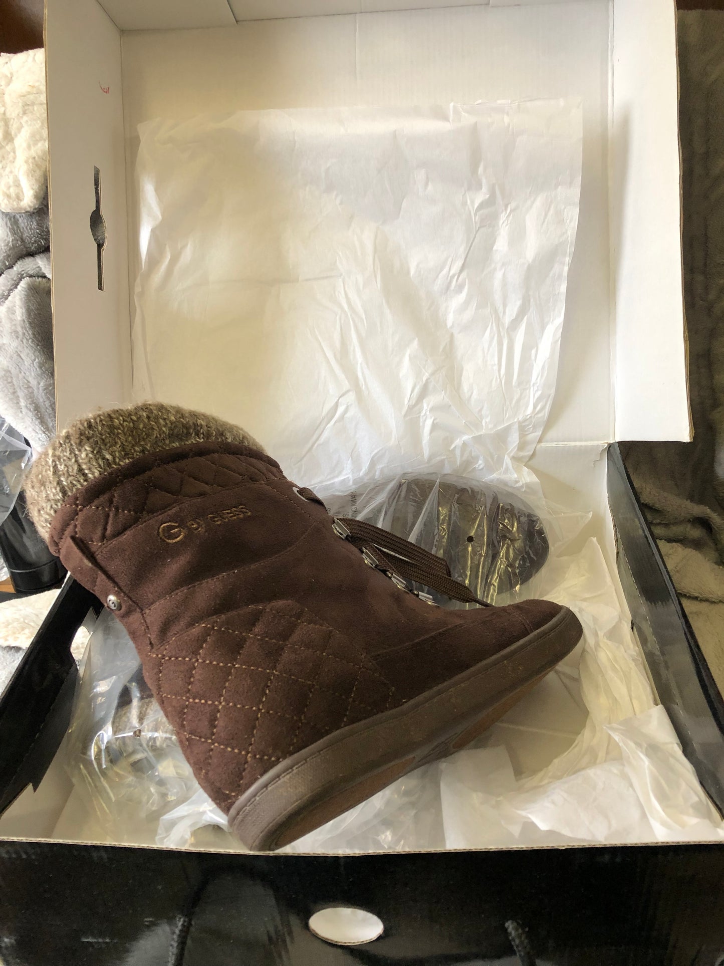 G Boots By Guess Dark Bown Multi Fabric Puck Combat Boots Size 9.5" New Fall Arrival"