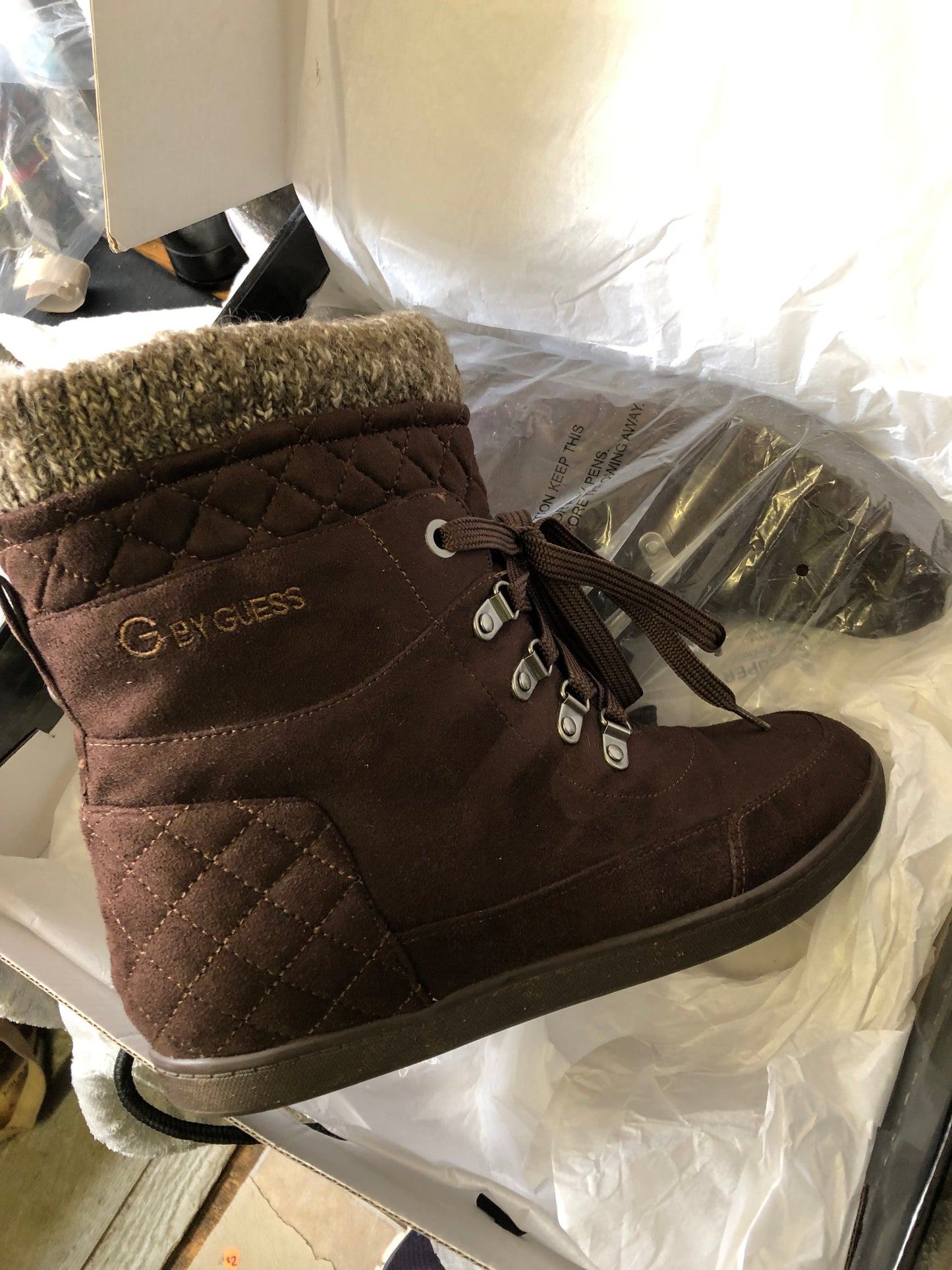 G Boots By Guess Dark Bown Multi Fabric Puck Combat Boots Size 9.5" New Fall Arrival"