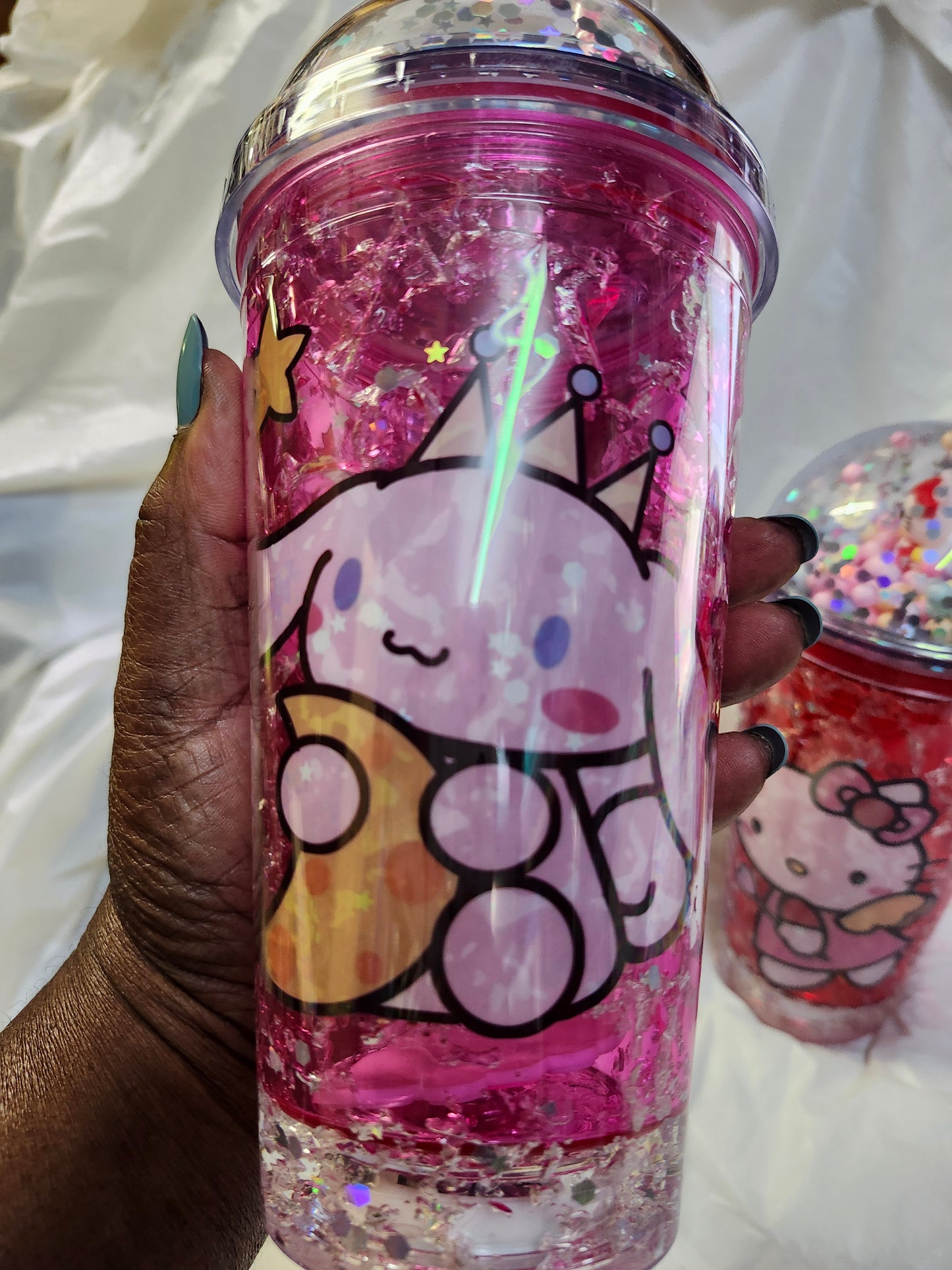 Hello Kitty Glitter Globe Water Bottle Cup With LED changing lights Color Pink