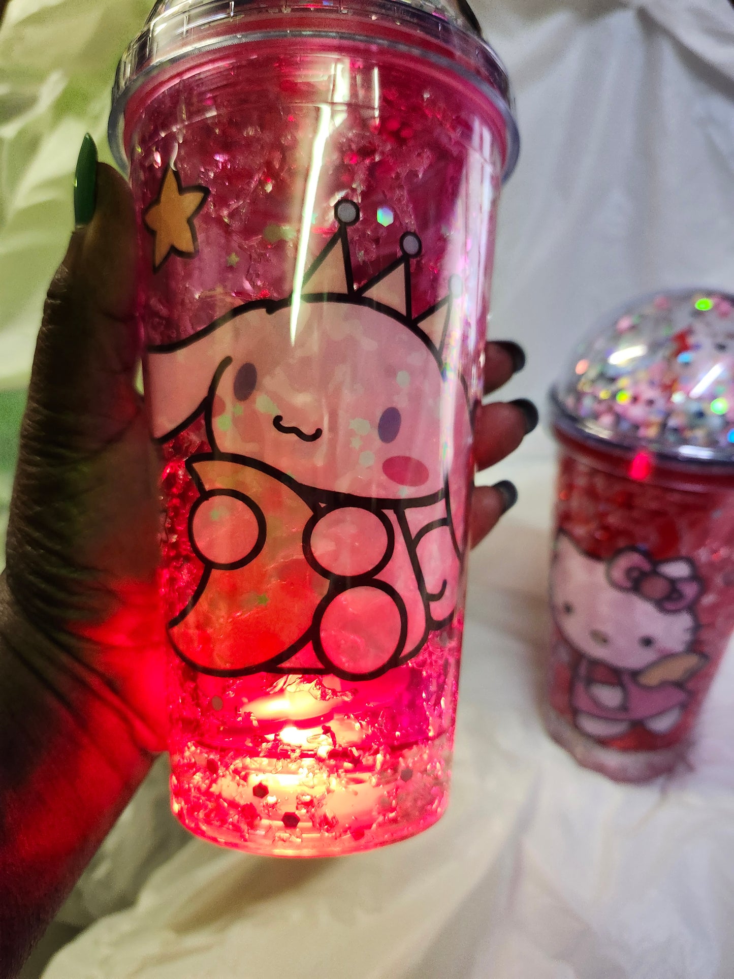 Hello Kitty Glitter Globe Water Bottle Cup With LED changing lights Color Pink