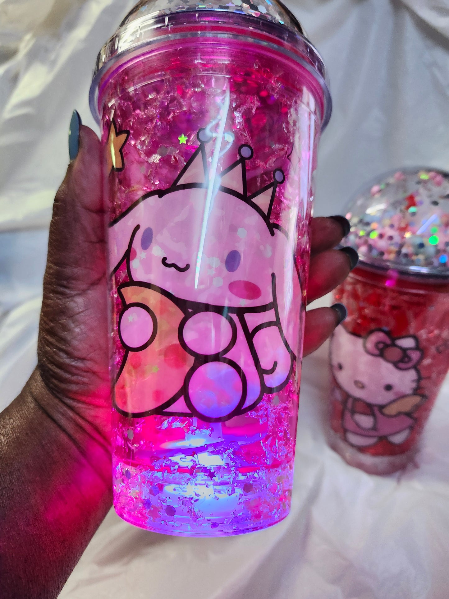 Hello Kitty Glitter Globe Water Bottle Cup With LED changing lights Color Pink