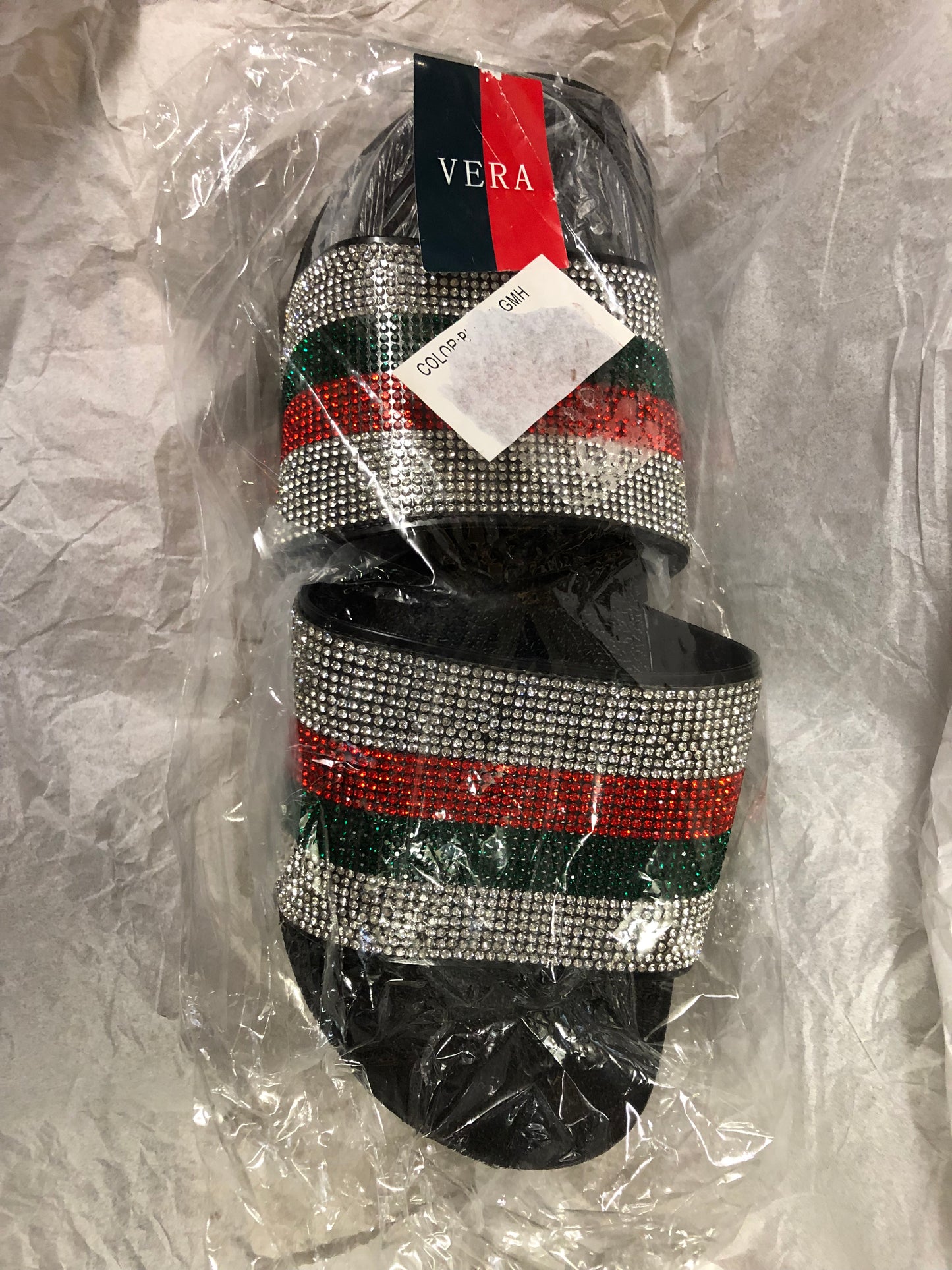 Woman Red And Green Stripe Silver bling Slide Size 11 "New Arrival"