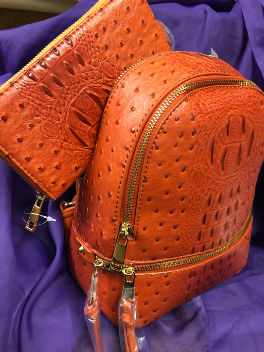 Woman Double Zip Croc Backpack With Wristlet Wallet Color Burnt Orange "New Arrival" Thanks For Your Purchase (SOLD OUT)