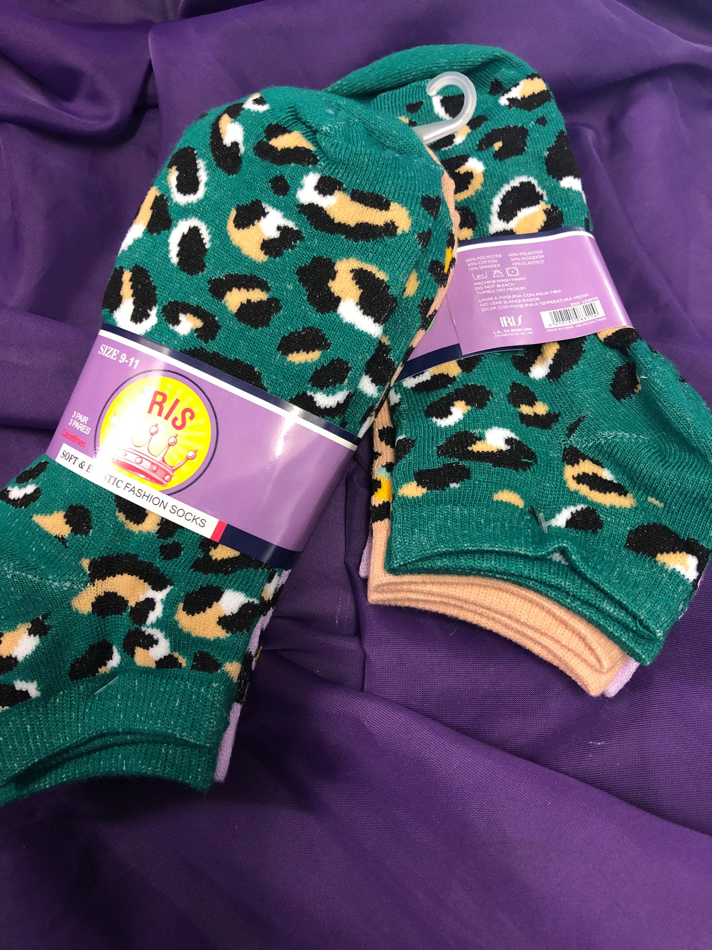 Woman Fashion Soft & Elastic Socks3/Pair Size 9-11 Cheetah Print Colors (Purple, Tan, Green)Pink, Gray And Black.