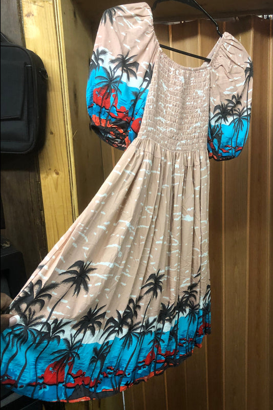 Summer Romper Dress Color Tan Or Cream Color With Tropical Print "New Arrival"