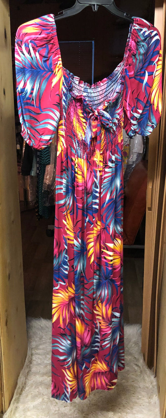 Woman Maxi Long Summer Dress Slip On Dress Size Med./Large Wine Color With Tropical."New Arrival" SOLD OUT