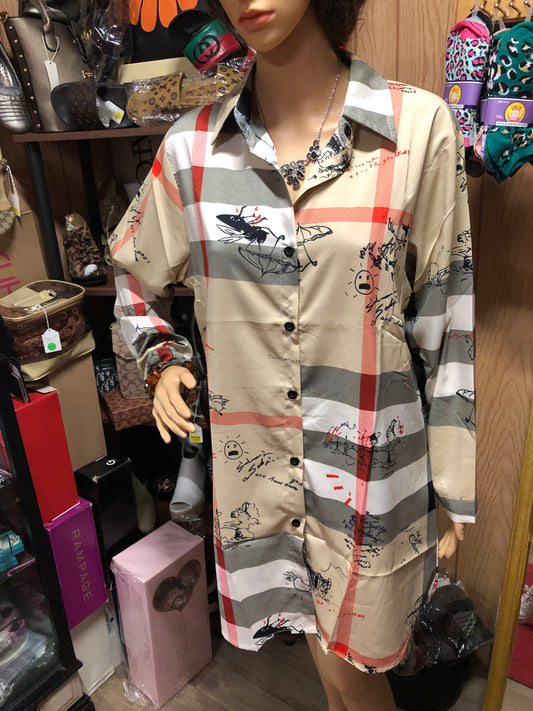 Woman Long Sleeves Plaid Inspired Design Button Front Shirt Dress Size Med. "New Arrival"