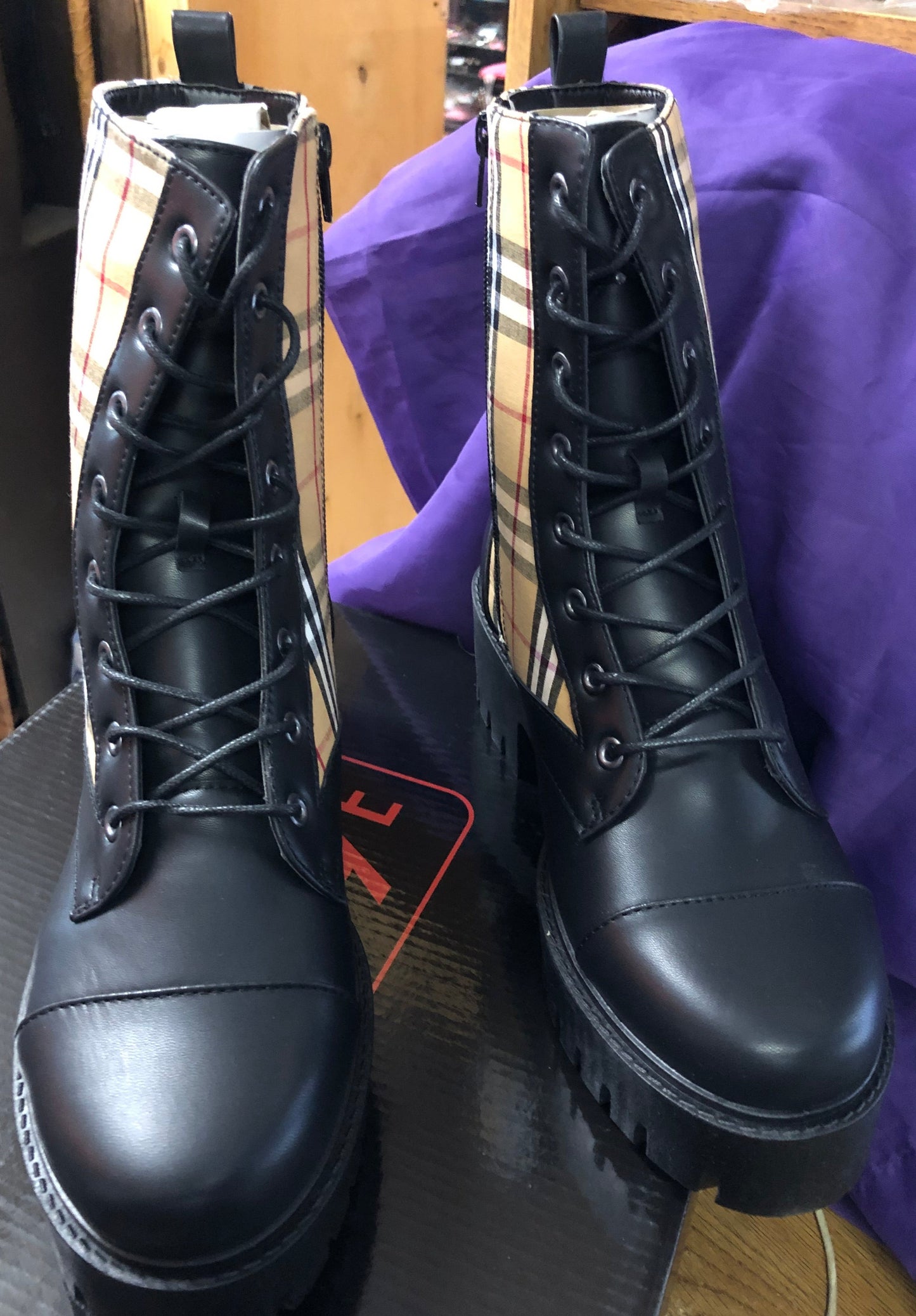 Woman Nappa Pu/Plaid Upper PVC Sole Boot Size 9 By Rouge "New Fall Arrival" In Box