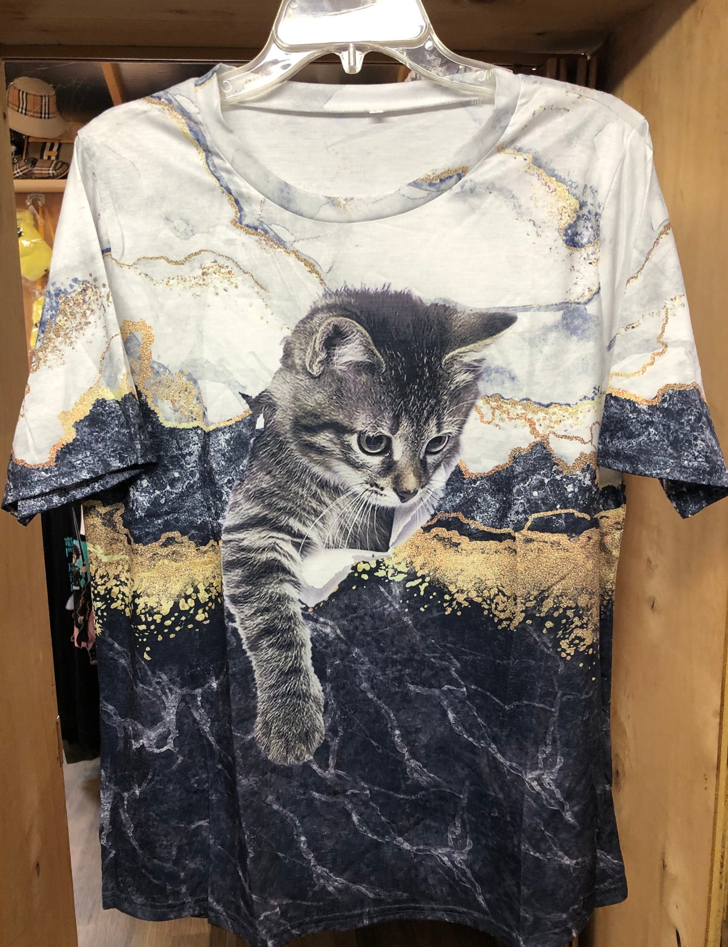 Woman SizeL(8-10)Marble Cat Print T-shirt, Casual Crew Neck Short SleeveT-shirt,