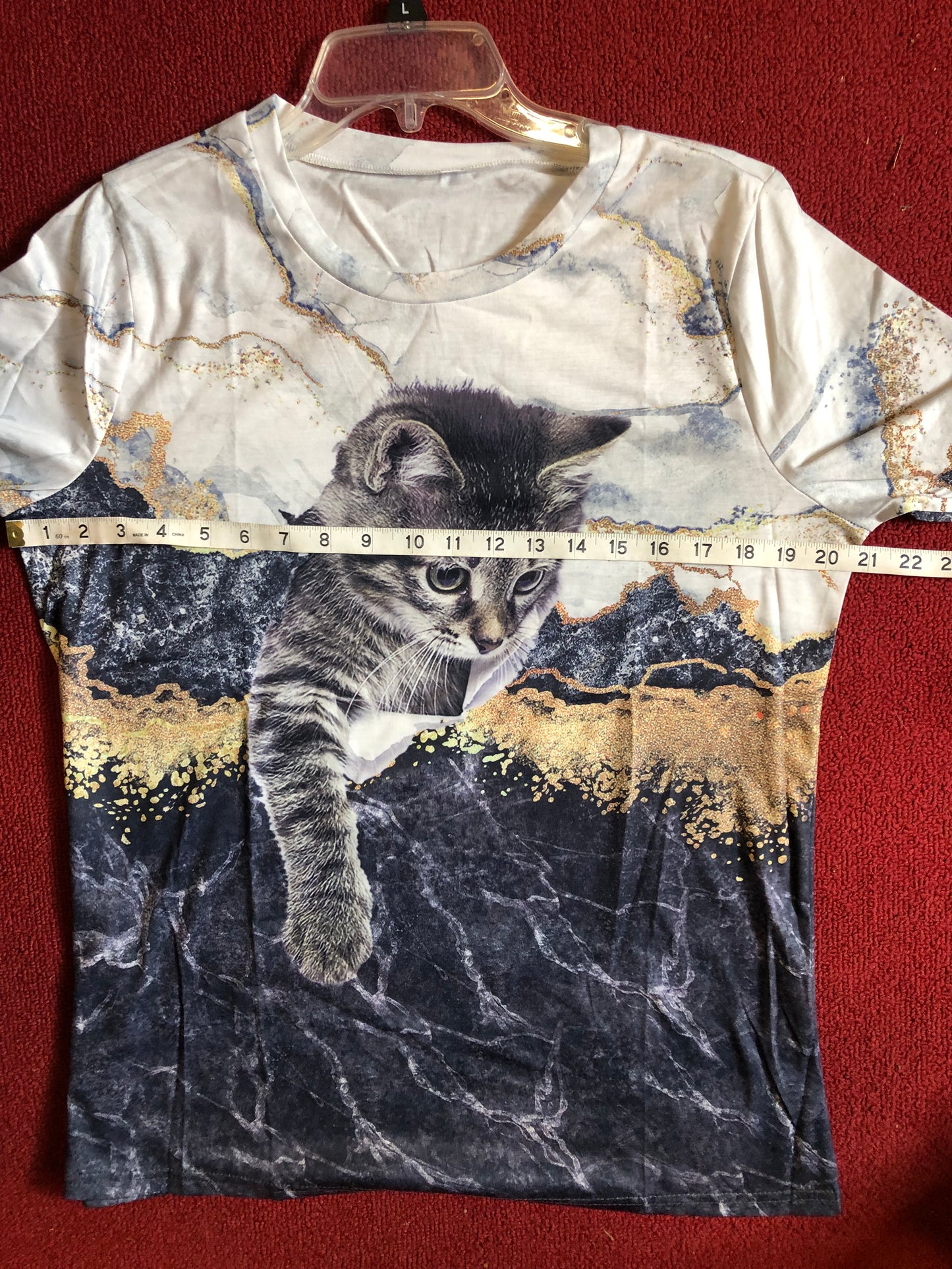 Woman SizeL(8-10)Marble Cat Print T-shirt, Casual Crew Neck Short SleeveT-shirt,