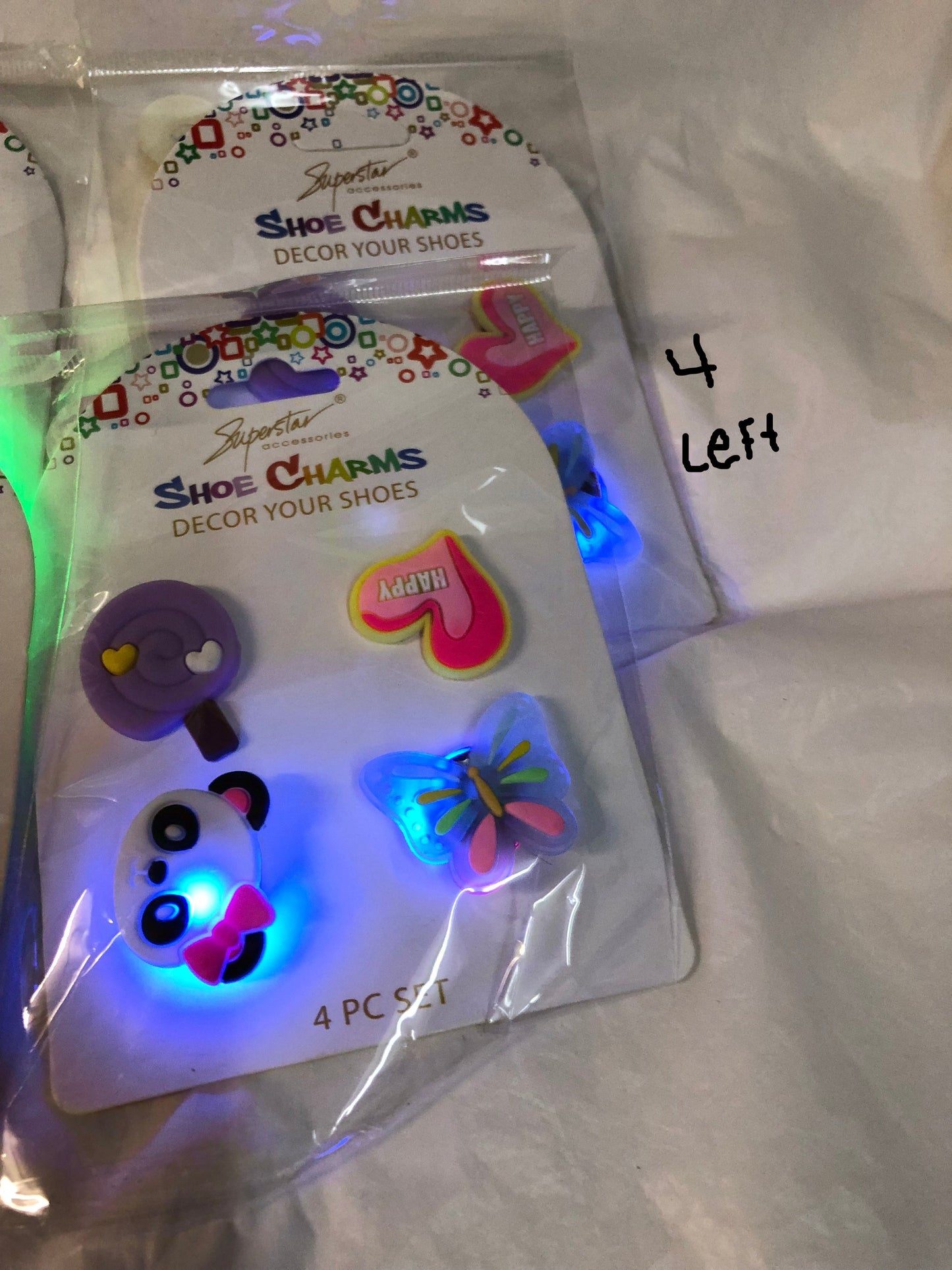 4pc. Set Light Up Decor Shoe Charms "New Arrival" 15.00 Ea.. Or 2 For 25.00