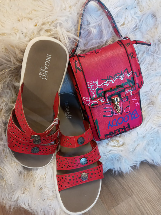 Woman  Slides Size 9 Ingaro Sport/Graffiti Crossbody Vegan Bag, "Bundle Deal"