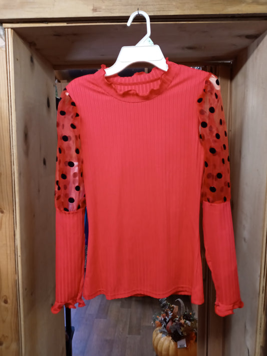Woman Red Top W/Sheer Polka Dot Sleeves Size M "Great For Valentine's Day" (SOLD OUT)