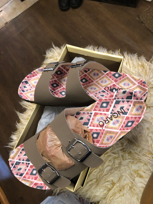 Womans Ingaro Flats Two Buckle Strap Slides Color Taupe SizeS 8, 9 And 11