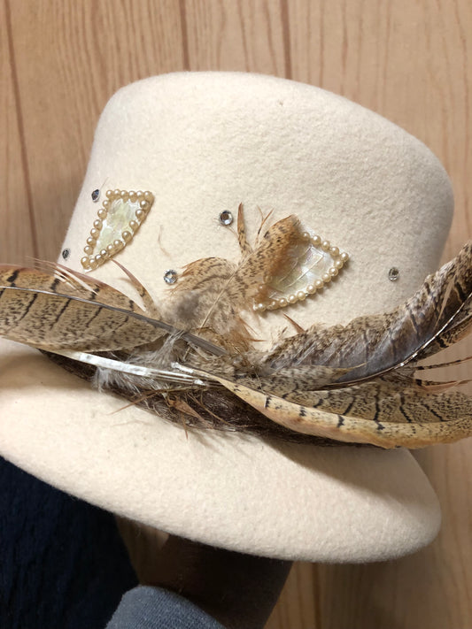 Woman Vintage Winter Church Hat With Feathers/Pearls Color Ivory "New Fall Arrival'Just In