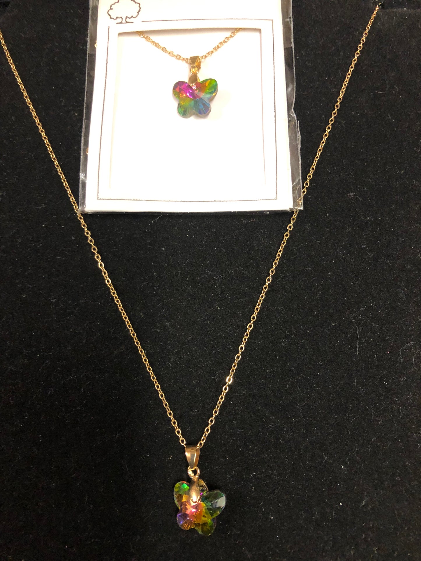 Woman Fashion Crystal Green Tricolor Butterfly Necklace On A Gold Chain."New Arrival"