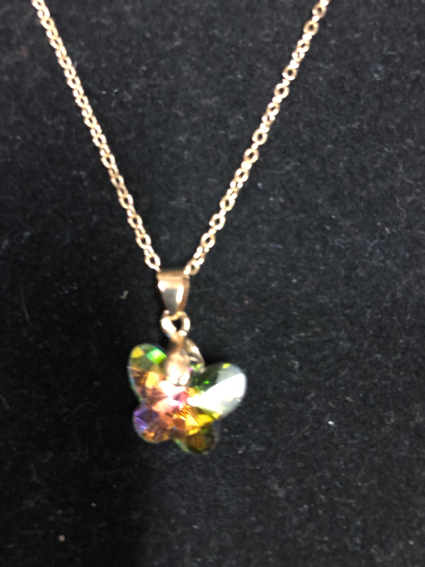 Woman Fashion Crystal Green Tricolor Butterfly Necklace On A Gold Chain."New Arrival"