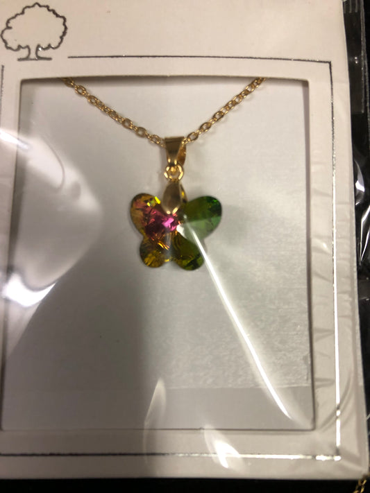 Woman Fashion Crystal Green Tricolor Butterfly Necklace On A Gold Chain."New Arrival"