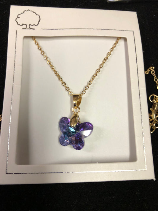 Woman Fashion Crystal Purple Butterfly Necklace On A Gold Chain."New Arrival"