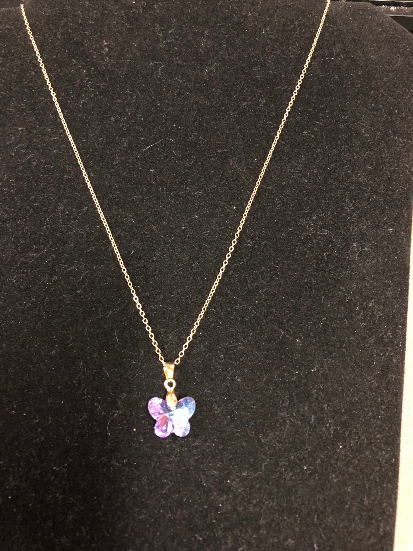 Woman Fashion Crystal Purple Butterfly Necklace On A Gold Chain."New Arrival"