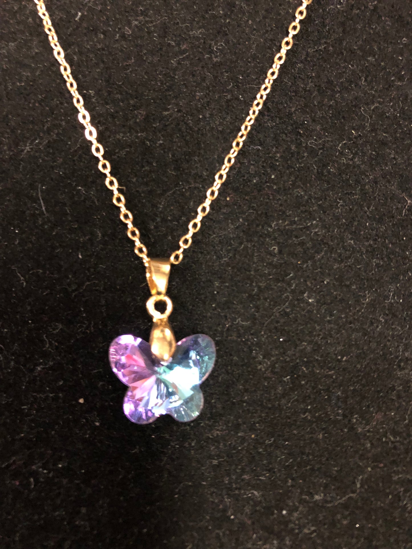 Woman Fashion Crystal Purple Butterfly Necklace On A Gold Chain."New Arrival"