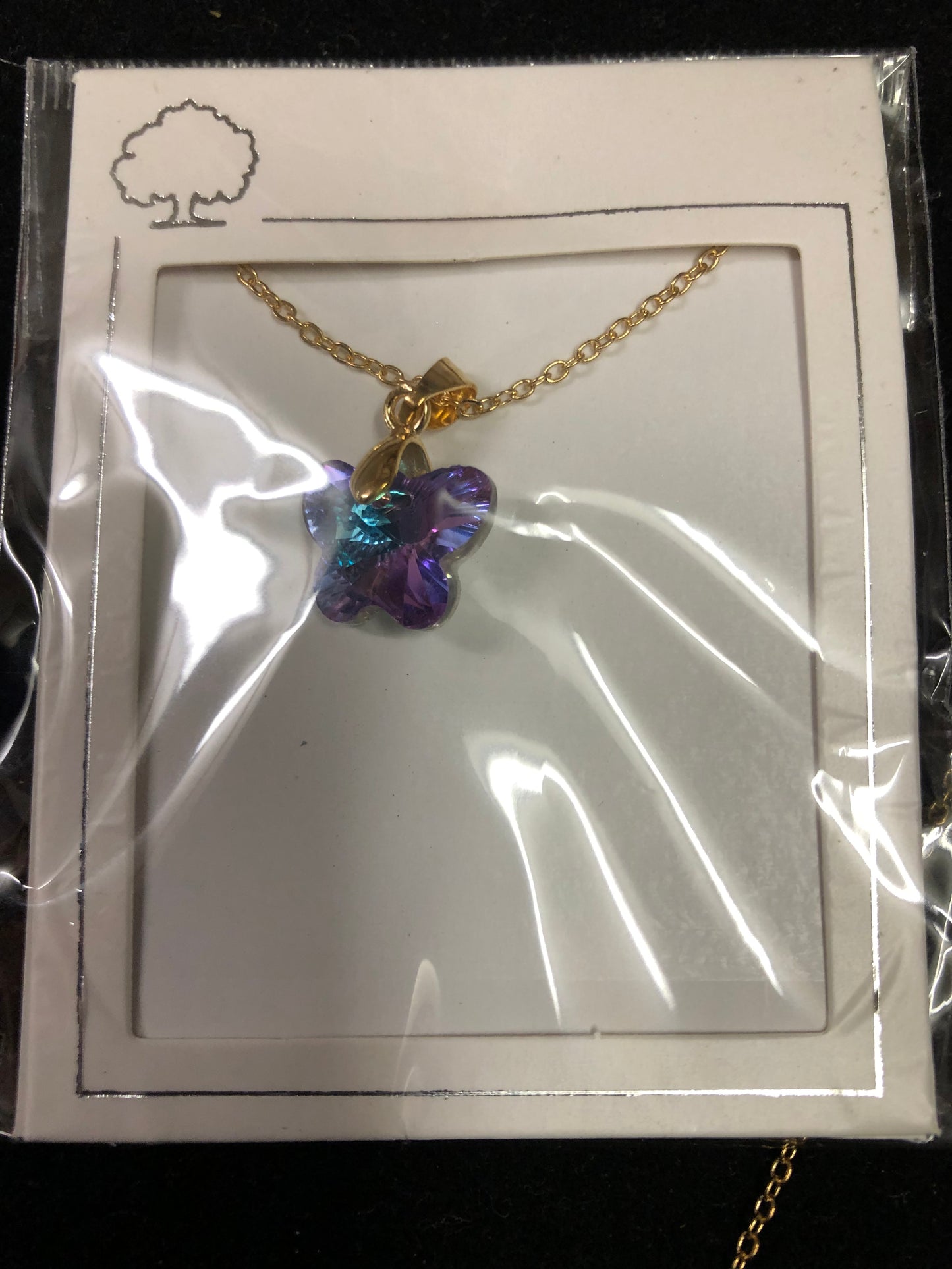 Woman Fashion Crystal Purple Butterfly Necklace On A Gold Chain."New Arrival"