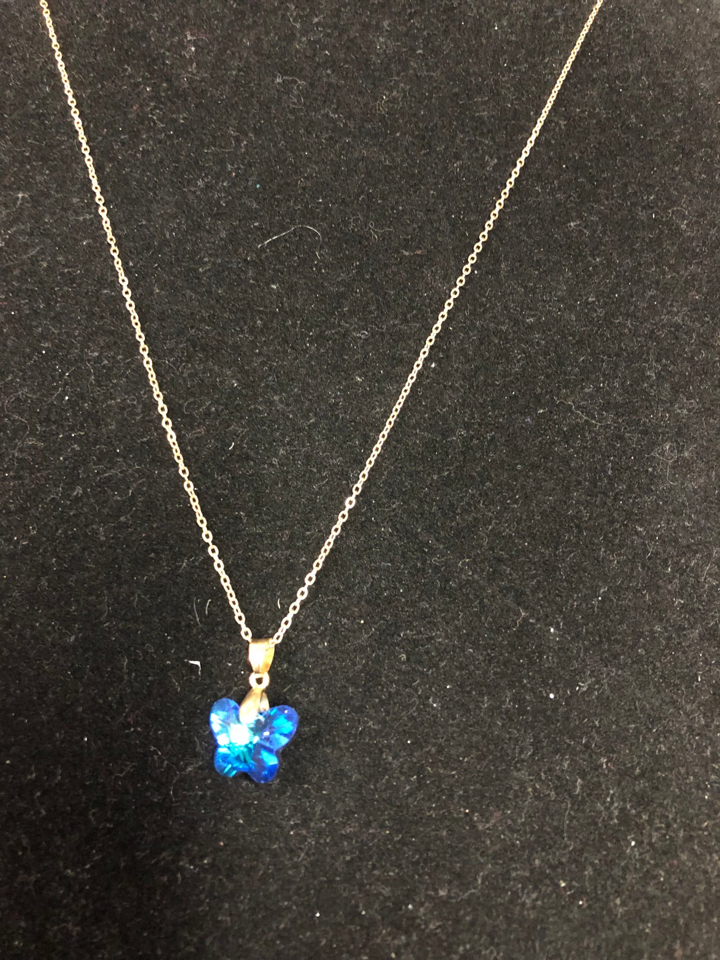Woman Fashion Crystal Blue Butterfly Necklace On A Gold Chain."New Arrival"