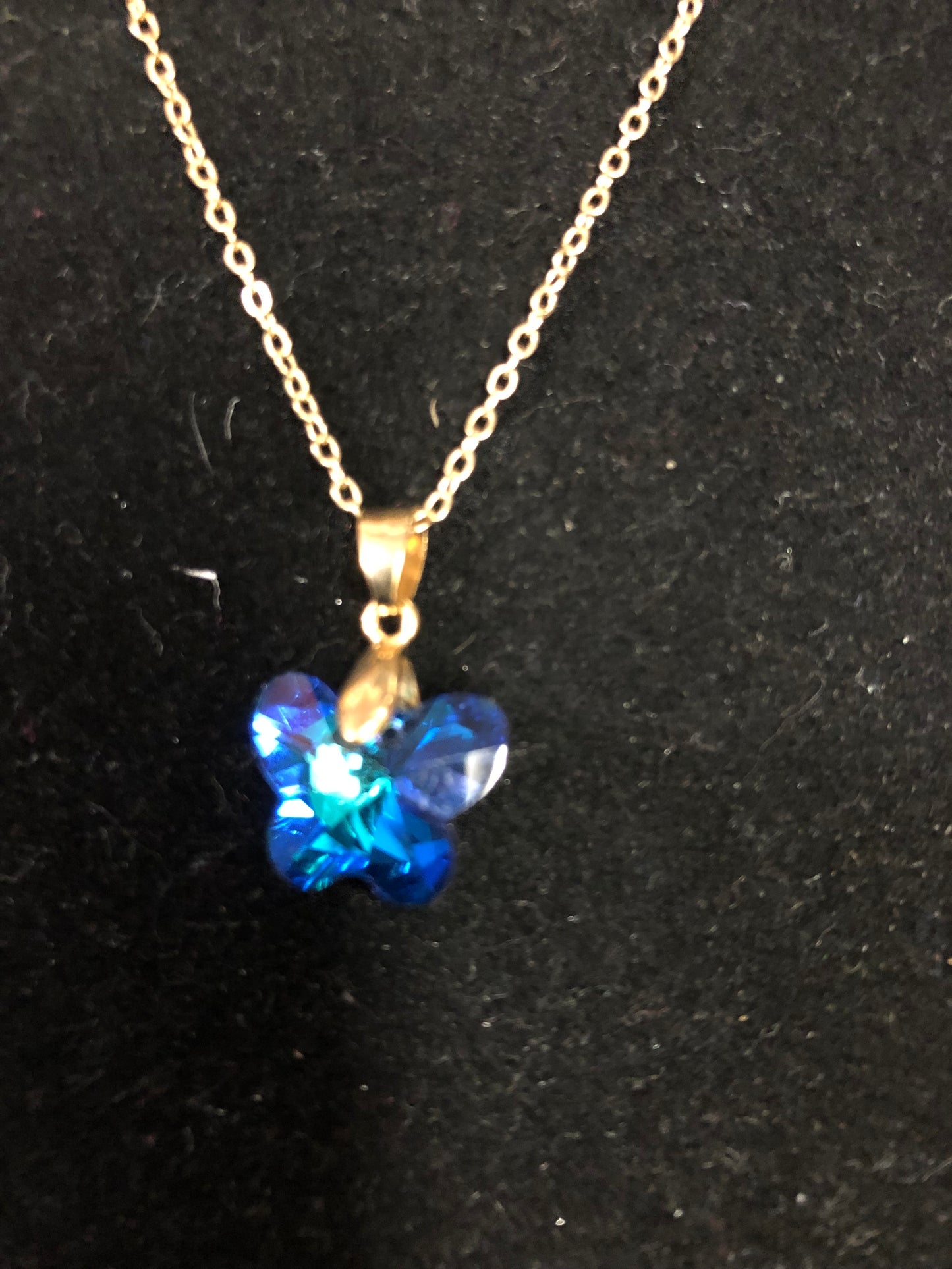 Woman Fashion Crystal Blue Butterfly Necklace On A Gold Chain."New Arrival"