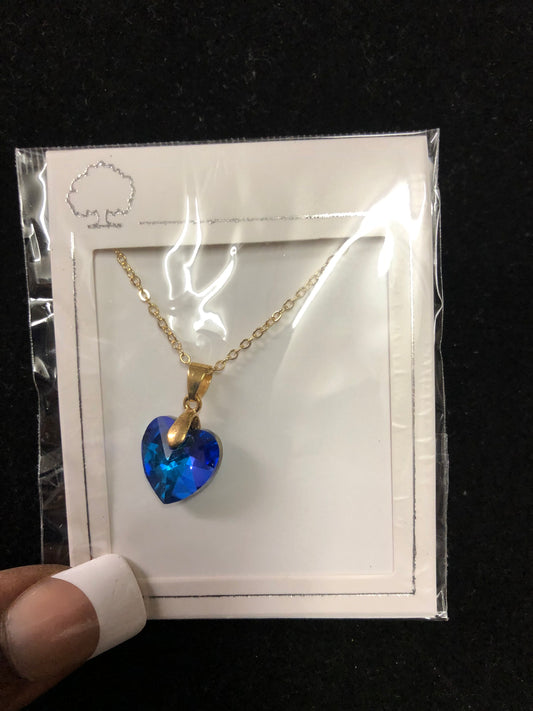 Woman Fashion Crystal Blue Heart Necklace On A Gold Chain."Great Valentine Day Gift"