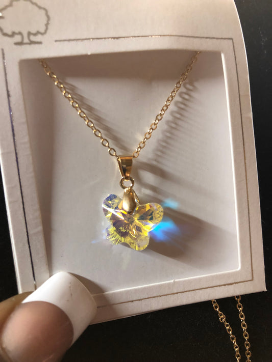 Woman Fashion Crystal Yellow Tricolor Butterfly Necklace On A Gold Chain."New Arrival"